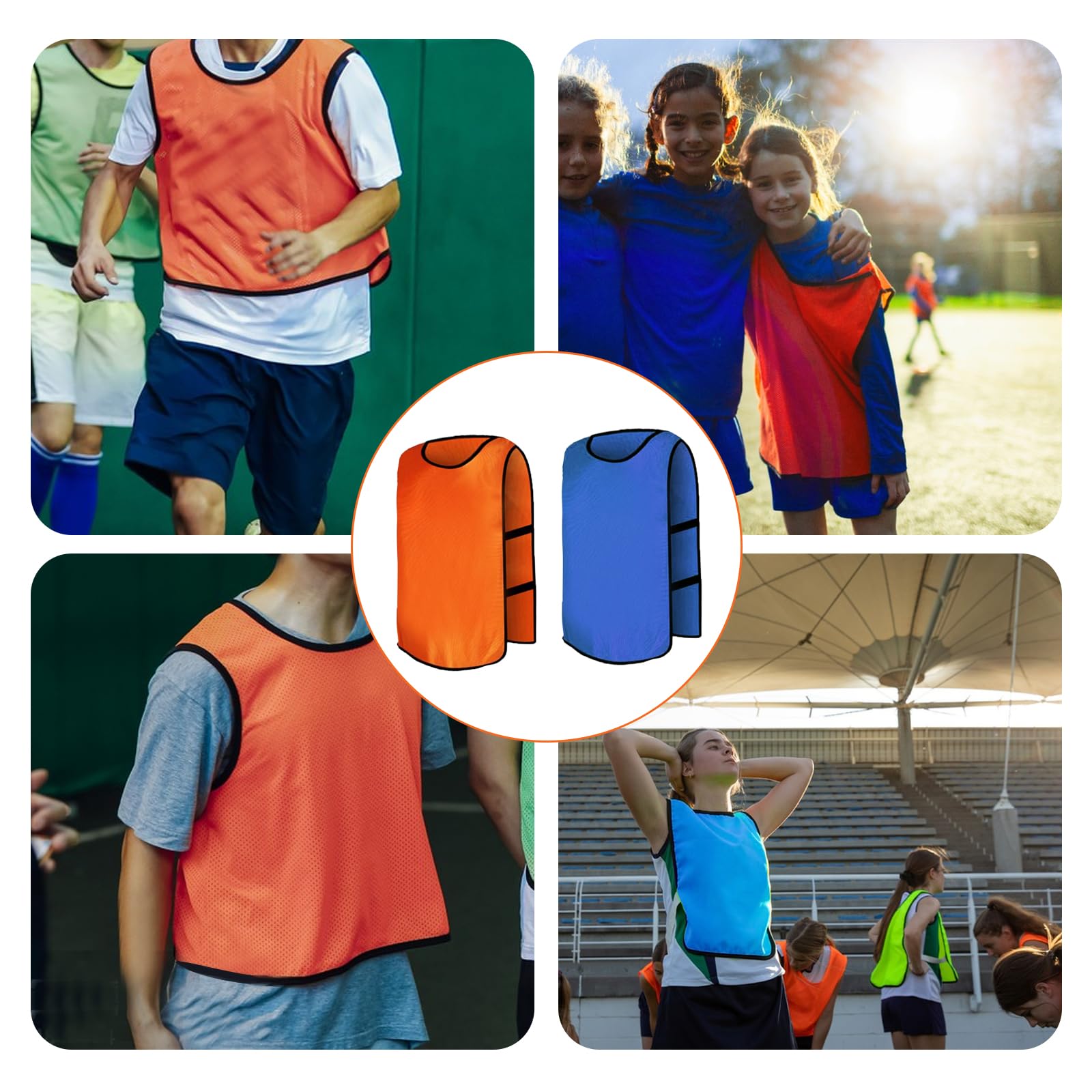 Lot de 10 gilets d'entraînement de football/sport – Bavoirs réversibles pour enfants, jeunes et adultes (orange/bleu), Orange/Bleu-S pour enfants, S