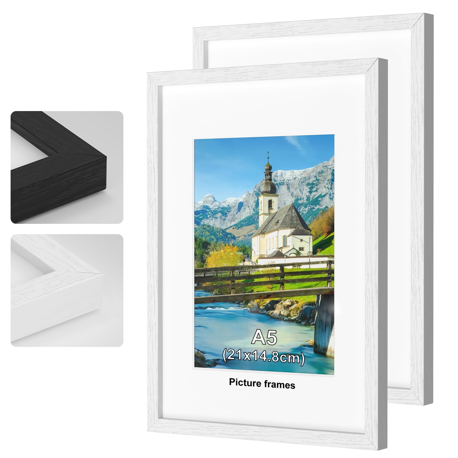2Pack A5 Picture Frame, White Wooden Picture Frames, 21x14.8cm Photo Frame with Perspex Glass, With Stand and Wall Mountable, Horizontal or Vertical Wall Mounting, Bedroom and Living Room Decoration