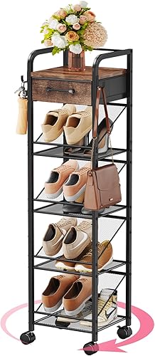 SWTYMIKI Zapatero vertical rodante, torre de zapatos con cajón y ganchos, organizador de almacenamiento de zapatos para entrada, armario,