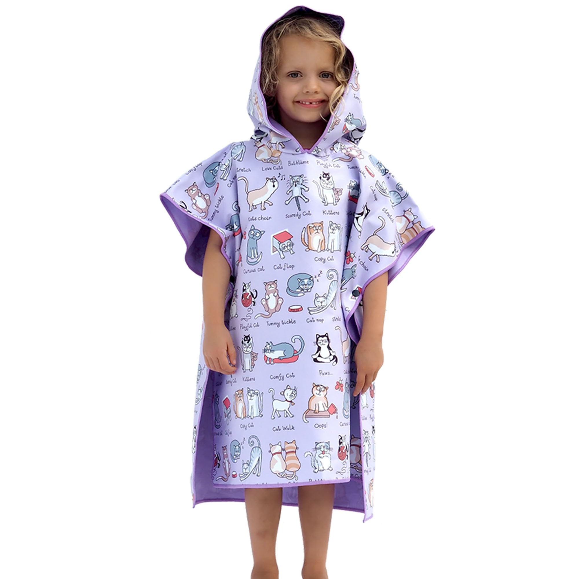 Tyrrell Katz Kids Cats Theme Hooded Poncho Towel, Lilac, Microfibre, Quick Dry, Beach Swim Bath Changing Robe for Boys & Girls, Age 2-6