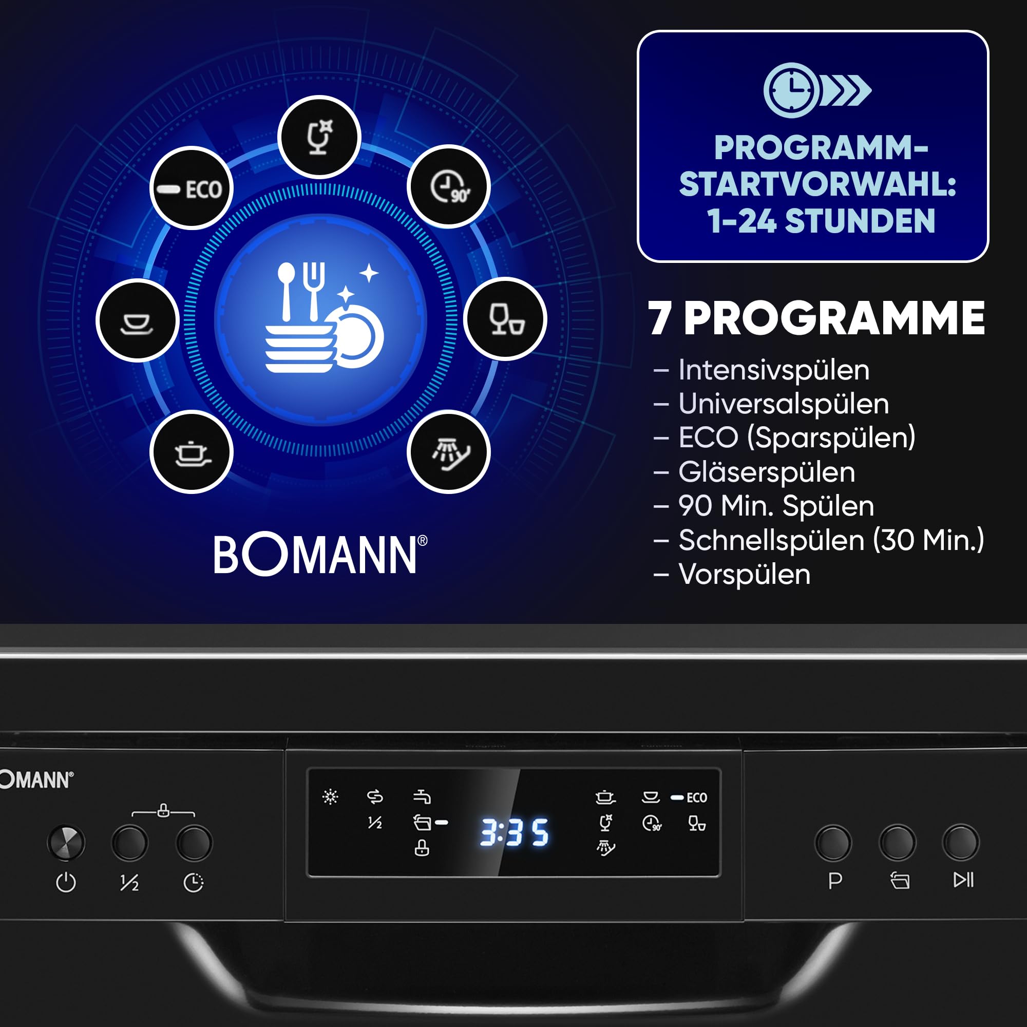 Bomann Geschirrspüler 45 cm 10 Maßgedecke Stand Unterbau 7 Programme 2 Sprühebenen Startvorwahl LED-Display GSP 7418 schwarz