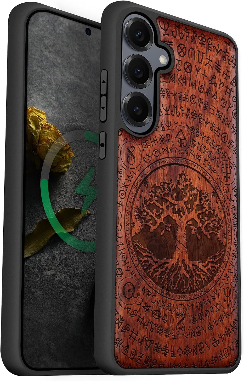 Carveit Magnetic Wooden Case for Galaxy S25+ Samsung S25 Plus Case, TPU Shockproof Cover & Wood Engraved, Compatible with MagSafe Wireless Chargers (Mjolnir & Wolves) Walnut