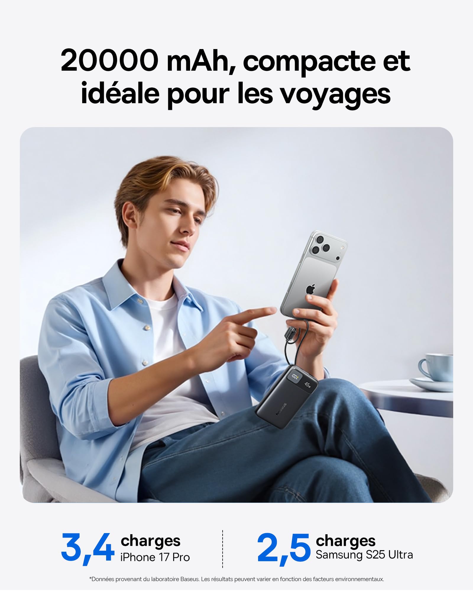 Baseus FC11 Powerbank Compact 45W 20000mAh avec 2 Câbles USB-C Intégrés, CCC Certifiée Batterie Externe PD Charge Rapide, Mini Power Bank pour iPhone 17/16/15 Pro Max, Samsung Galaxy S25/S24, Noir