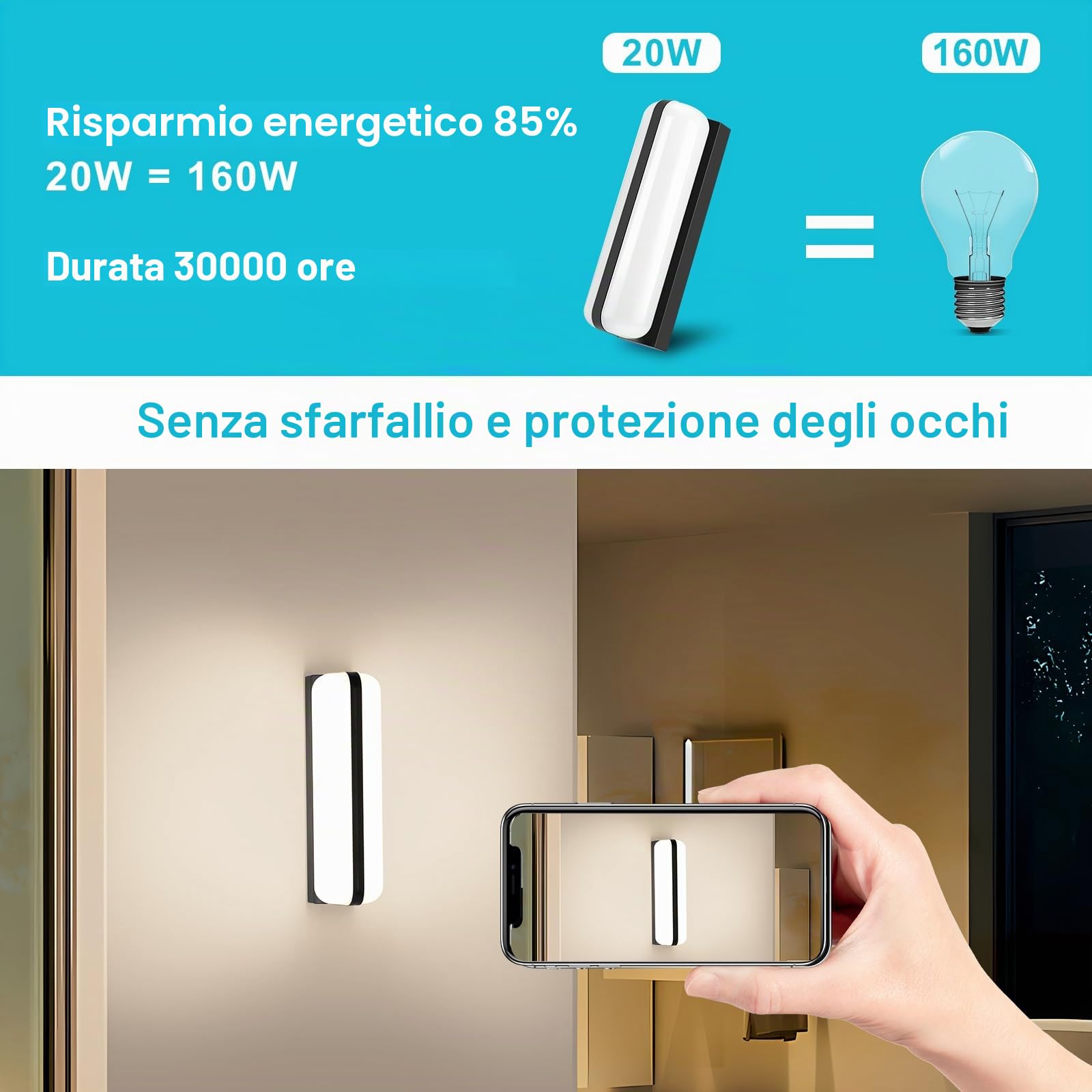 20W Applique da Parete LED Interno - 2 Pezzi Nero, IP65 Lampada da Esterno a Parete Moderna, 2000LM 4000K Luci Up-and-Down Illuminazione, Luce Bagno da Muro per Corridoio Garage Giardino Scale