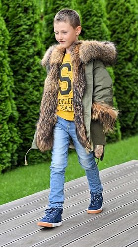 Miniatura 7 de Aox - Chaqueta unisex de invierno con capucha de piel sintética para niños, chaqueta cálida y gruesa de camuflaje para exteriores, para niñas y niños