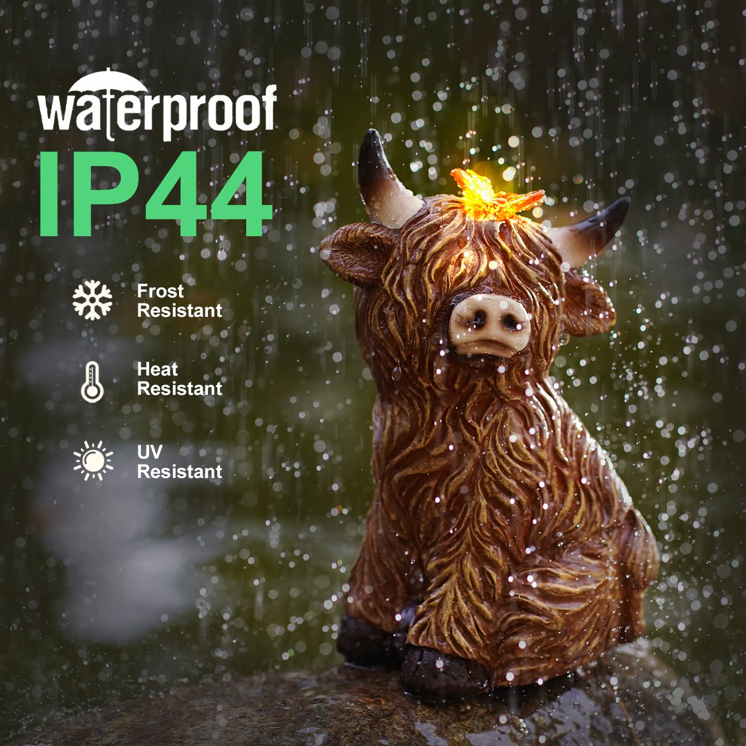 Yeomoo Figurki krowy Highland z motylem, dekoracja solarna do dekoracji ogrodu i salonu, zabawna wołowina górska, odporna na warunki atmosferyczne, figurka ogrodowa, krowy, prezent dla kobiet/mężczyzn
