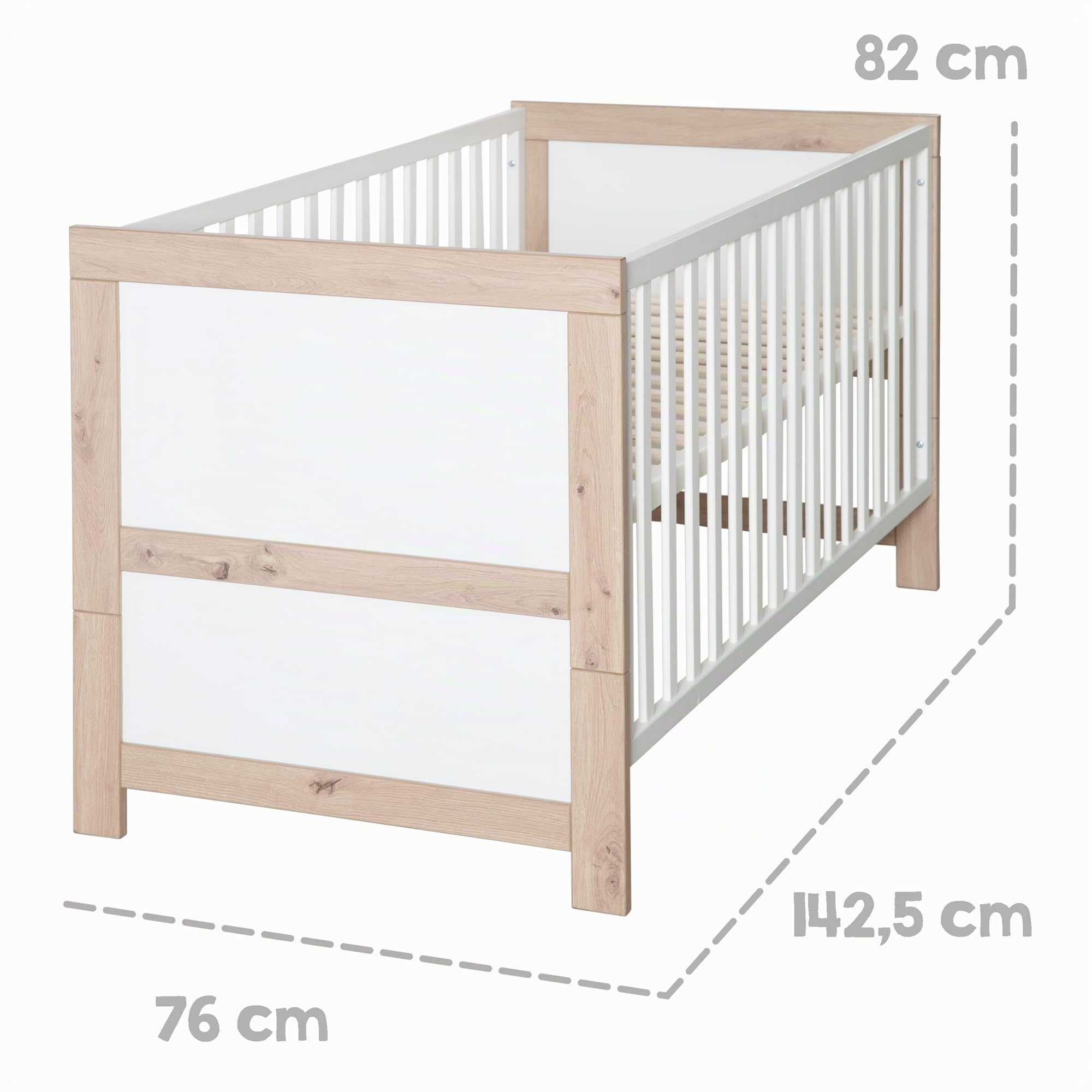 roba Lit Bébé Évolutif 70 x 140 cm Malo - Convertible en Lit Enfant - 0 à 7 Ans - Jusqu'à 50 kg - Hauteur Réglable - 3 Barreaux Amovibles - Bois Blanc/Décor Chêne Clair