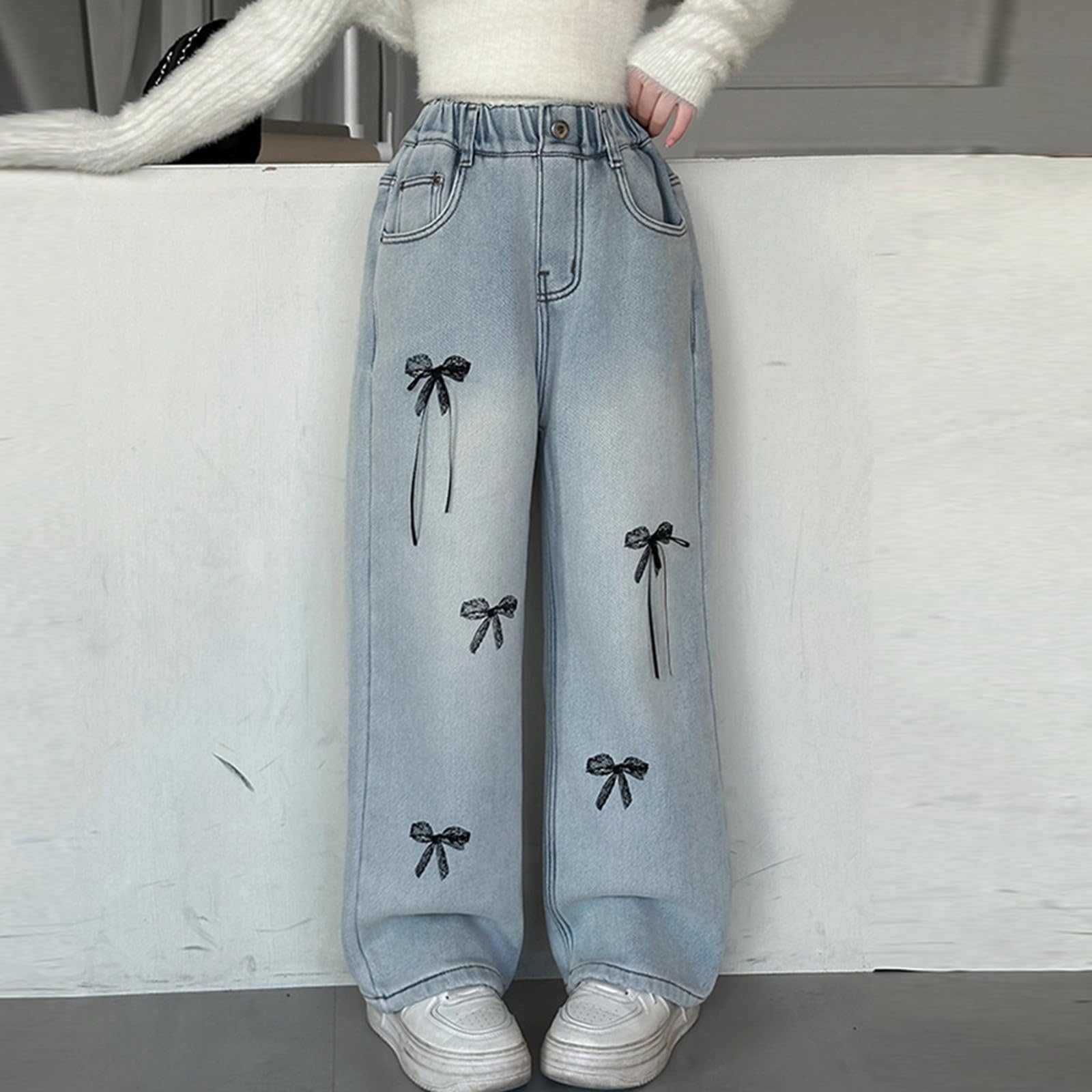 Vaqueros Niña 4-14 Años Anchos Rectos Polar Pantalon Vaquero Adolescentes Chica Elasticos Talle Alto Lazo Cómodos Streetwear Jeans Pantalones Vaqueros de Trabajo Denim Baggy Grueso Invierno