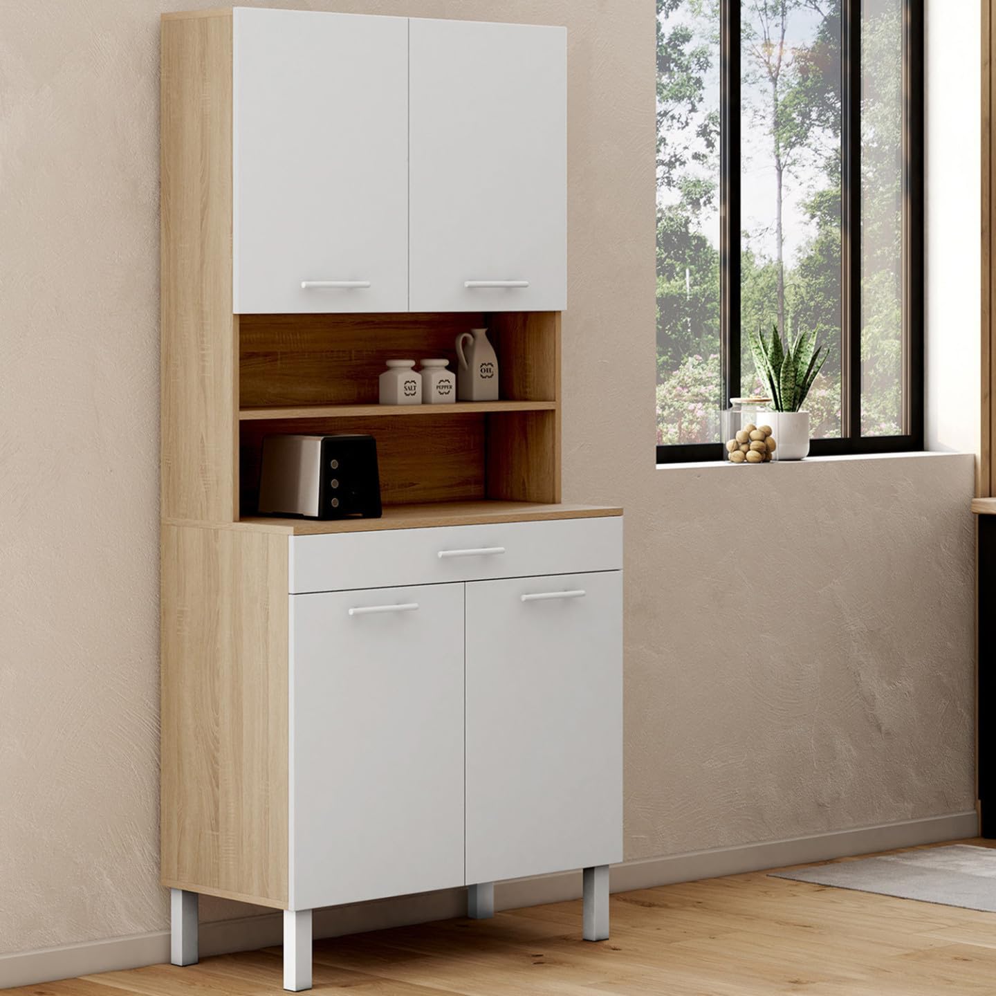IDMarket - Aparador de cocina (80 cm, 4 puertas, cajón de haya y color blanco