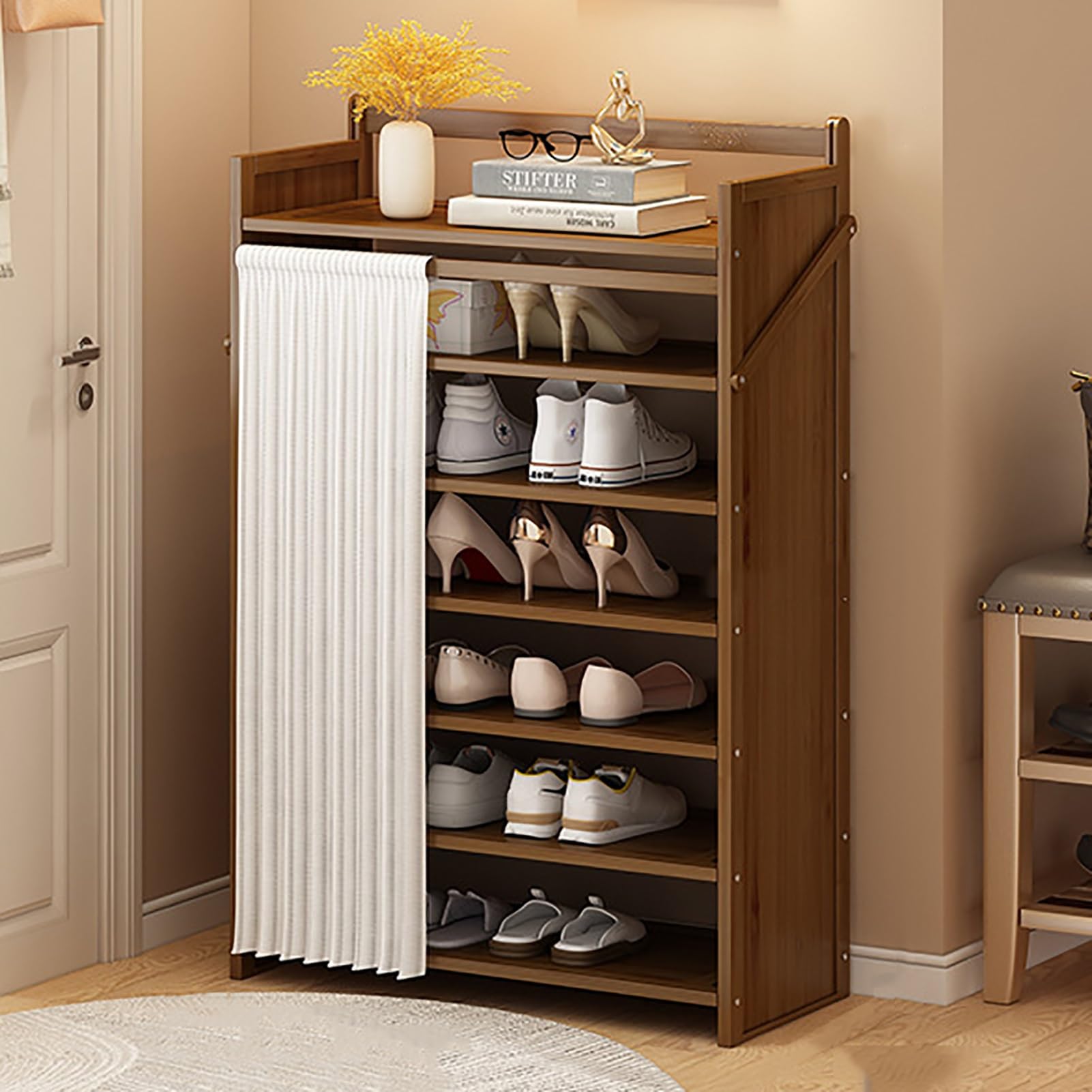 Foldable Shoe Rack No Assembly Required Bamboo Shoe Indoor/Outdoor Storage Shelf Independent Shoe Cabinet for Entryway Camping 2 Tier Black Color(Brown-7 Layers 19.7in)