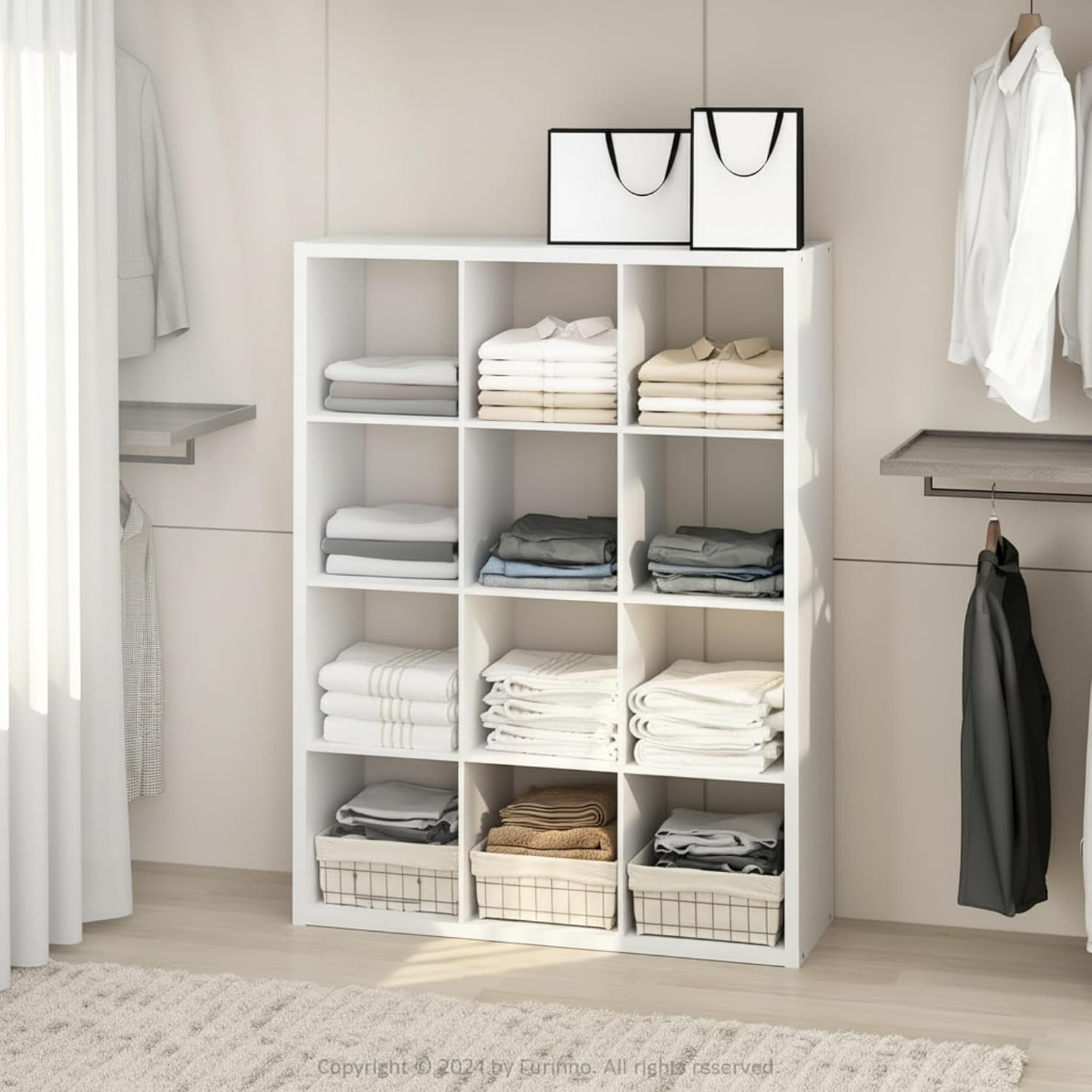 Cubic Open Back Multipurpose Closet Storage Organizer Shelf, 12-Cube, White