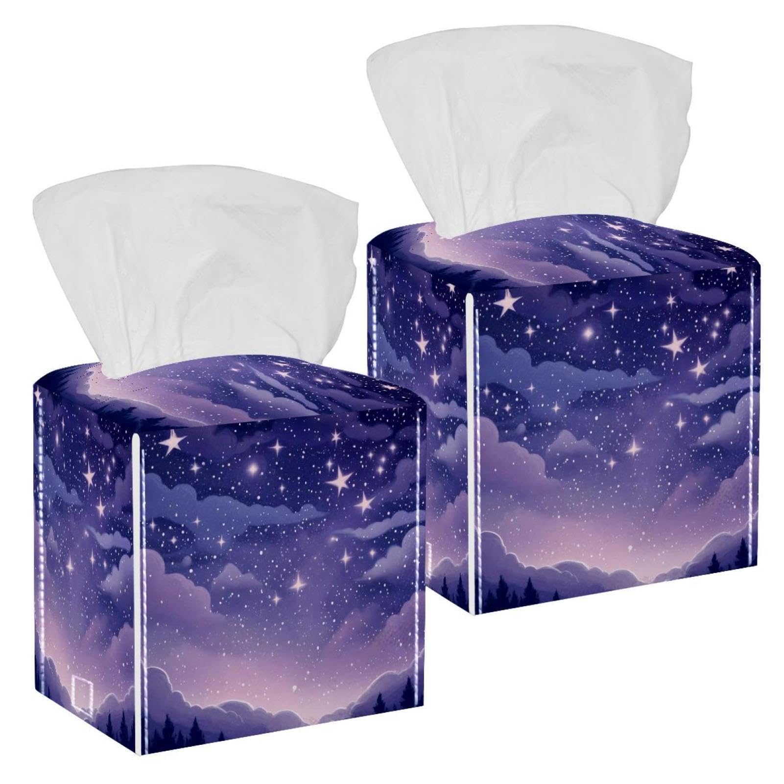 Purple Starry Sky Tissue Box Cover, 2 Pack PU Leather Square Facial Tissue Dispenser Box holder for Home Office Car