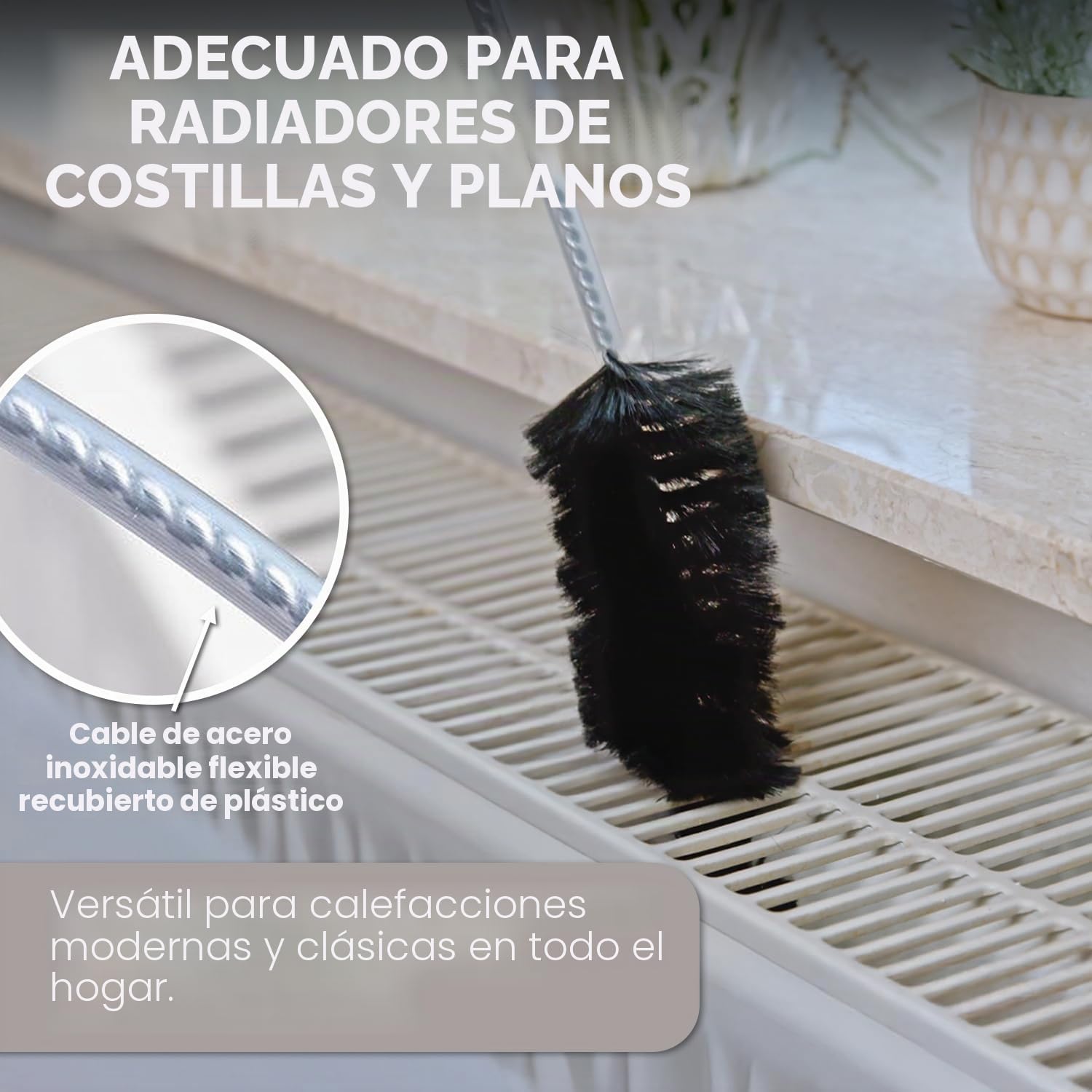 Cepillo del Radiador - 2 Piezas - 120cm - Cepillos de Calentador con Cerdas de Pelo de Cabra - Ideal para Calentadores de Panel
