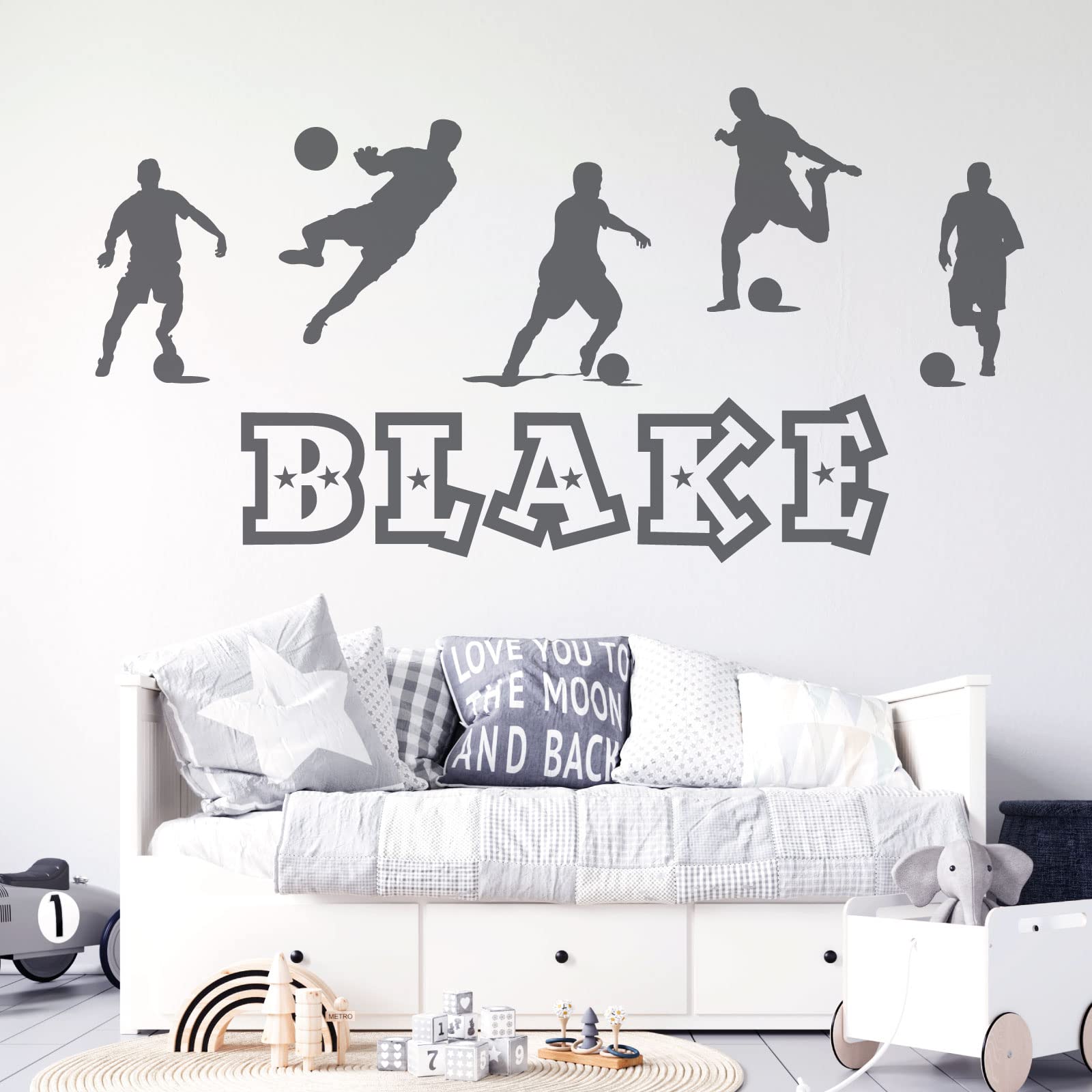 Personalised Name Boys Wall Art Sticker - Football, Soccer Game Silhouettes Theme [Medium] [Dark Grey]