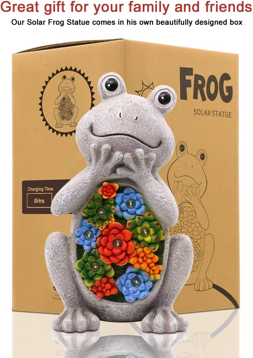 Goodeco Solar Garden Frog Statue Outdoor Ornament with succulent and 7 LED Lights - Image 4