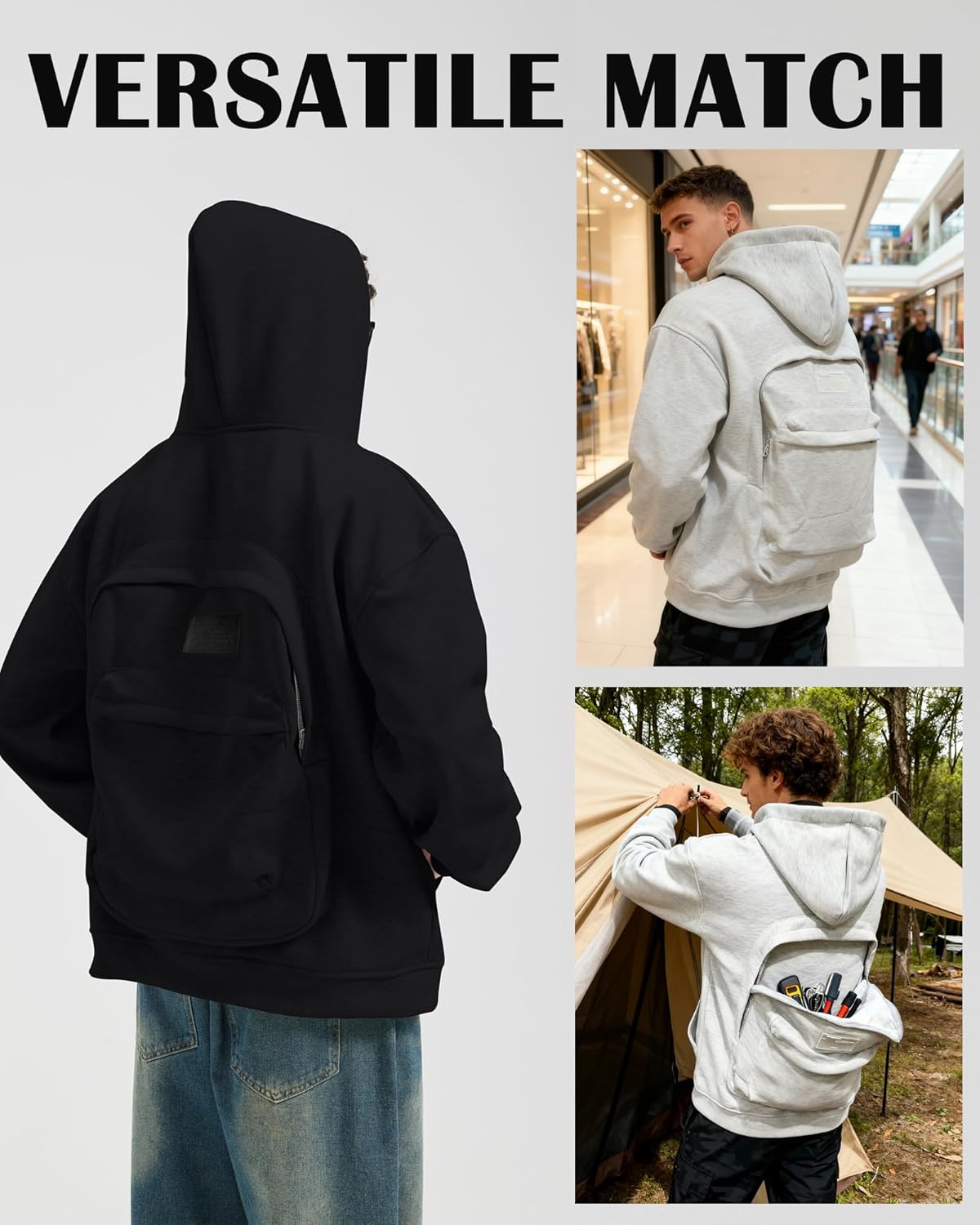 Novelty Zip Up Men's Hoodie with Backpack Casual Sweatshirt for Women Solid Color Unisex Hooded Jacket - Image 2