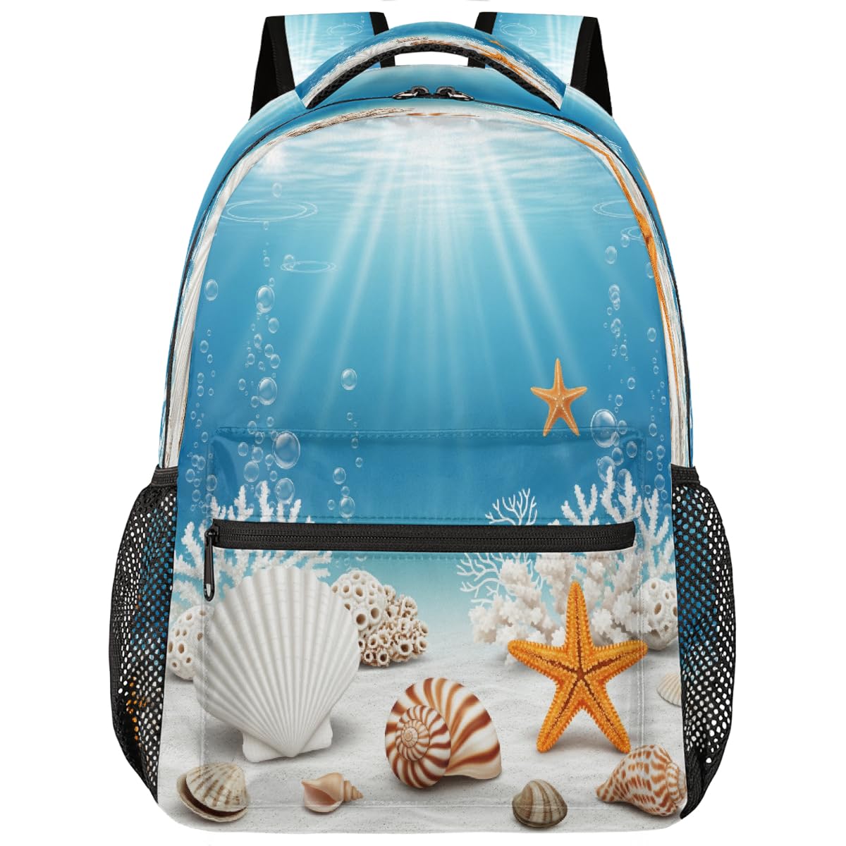 Mochila escolar de viaje con diseño de conchas marinas y océano 8