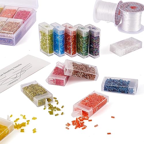 Miniatura 8 de Craftdady 6400Pcs 24 Colors Glass Bugle Seed Beads 4.6-5mm Tube Spacer Loose Pony Beads with 4Pcs Big Eye Beading Needles, 2 Rolls Crystal Thread