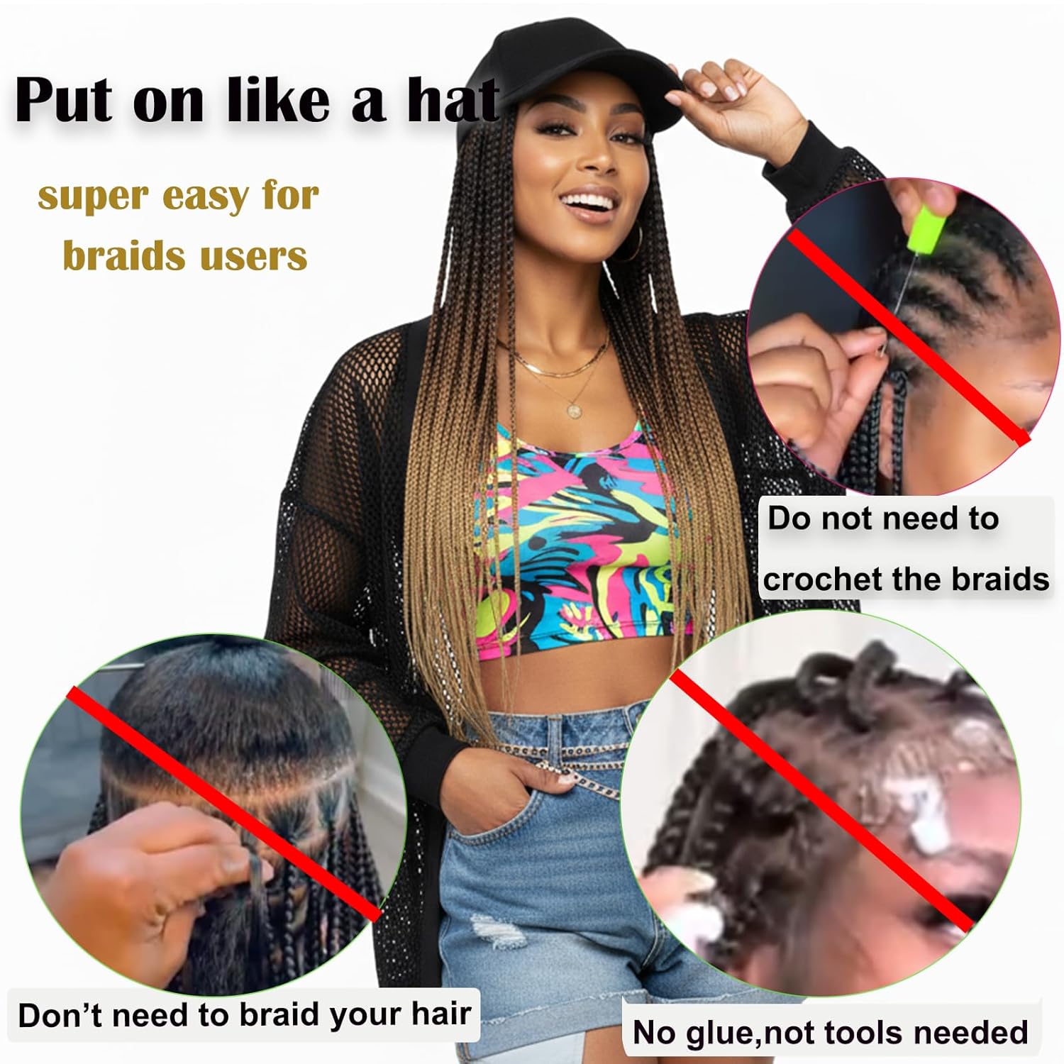 Hat Wig for Women Baseball Cap with Braided Hair Attached Synthetic Knotless Box Braid Wig Hat Adjustable Cap with 18in Long Ombre Black Brown Light Brown Braids for Daily Outdoor Use