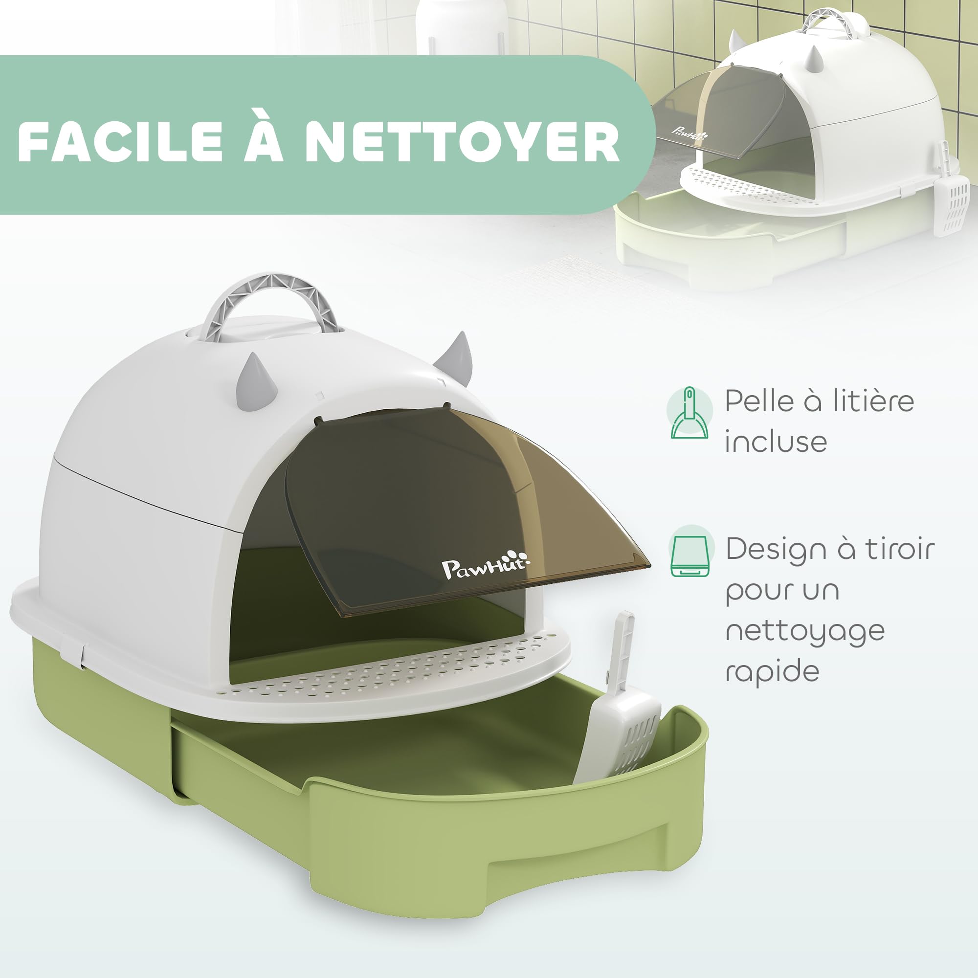 PawHut Maison de toilette pour chat, bac à litière fermé chat, 2 packs de filtres au charbon poignée de transport porte translucide nettoyage facile vert
