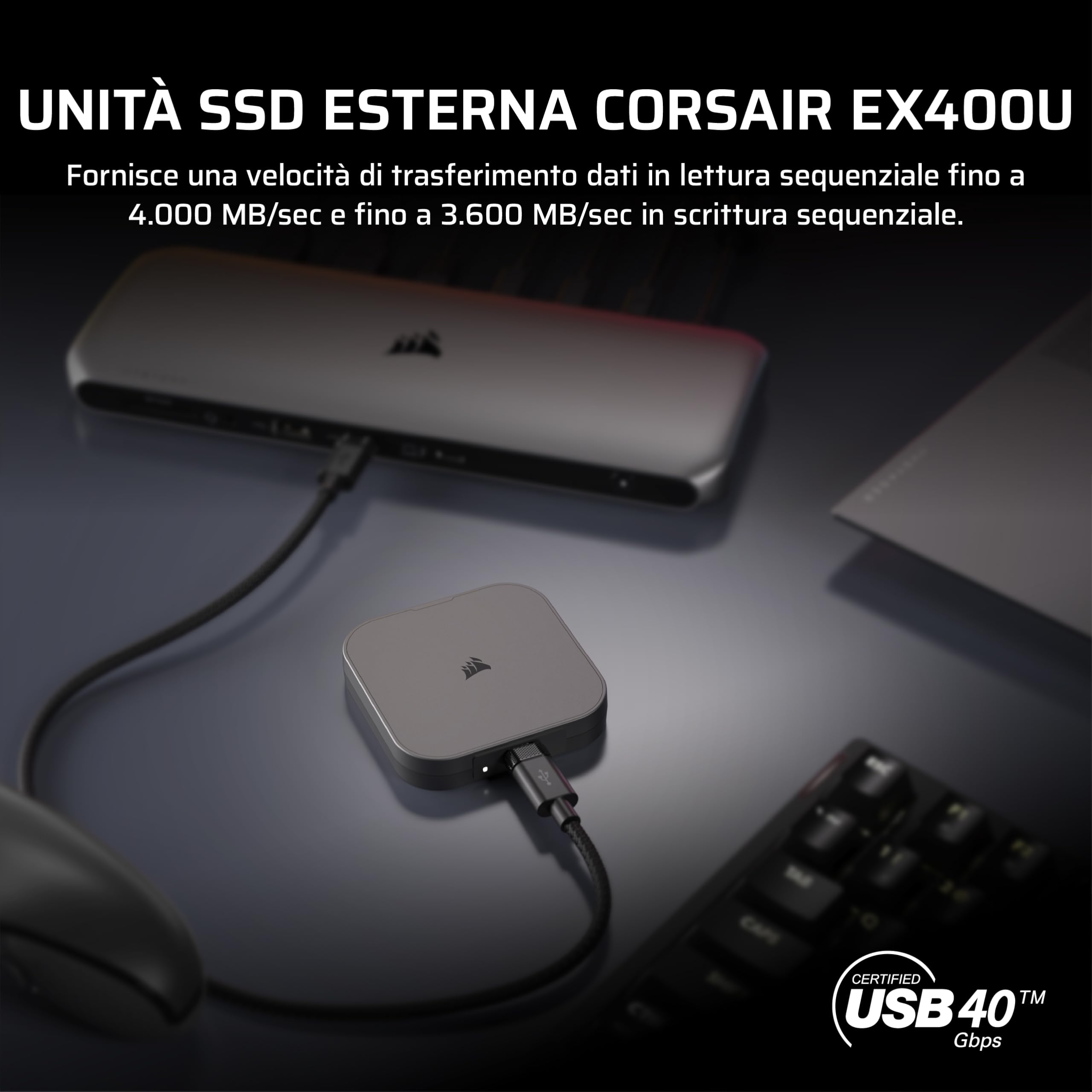 Corsair EX400U 4TB USB4 Esterno Portatile Type-C SSD, Connessioni 3.2 Gen2 2x2, Fino a 40Gbps, Plug-and-Play, MagSafe, Include un Cavo da USB-C – Windows PC, iOS Mac – Grigio