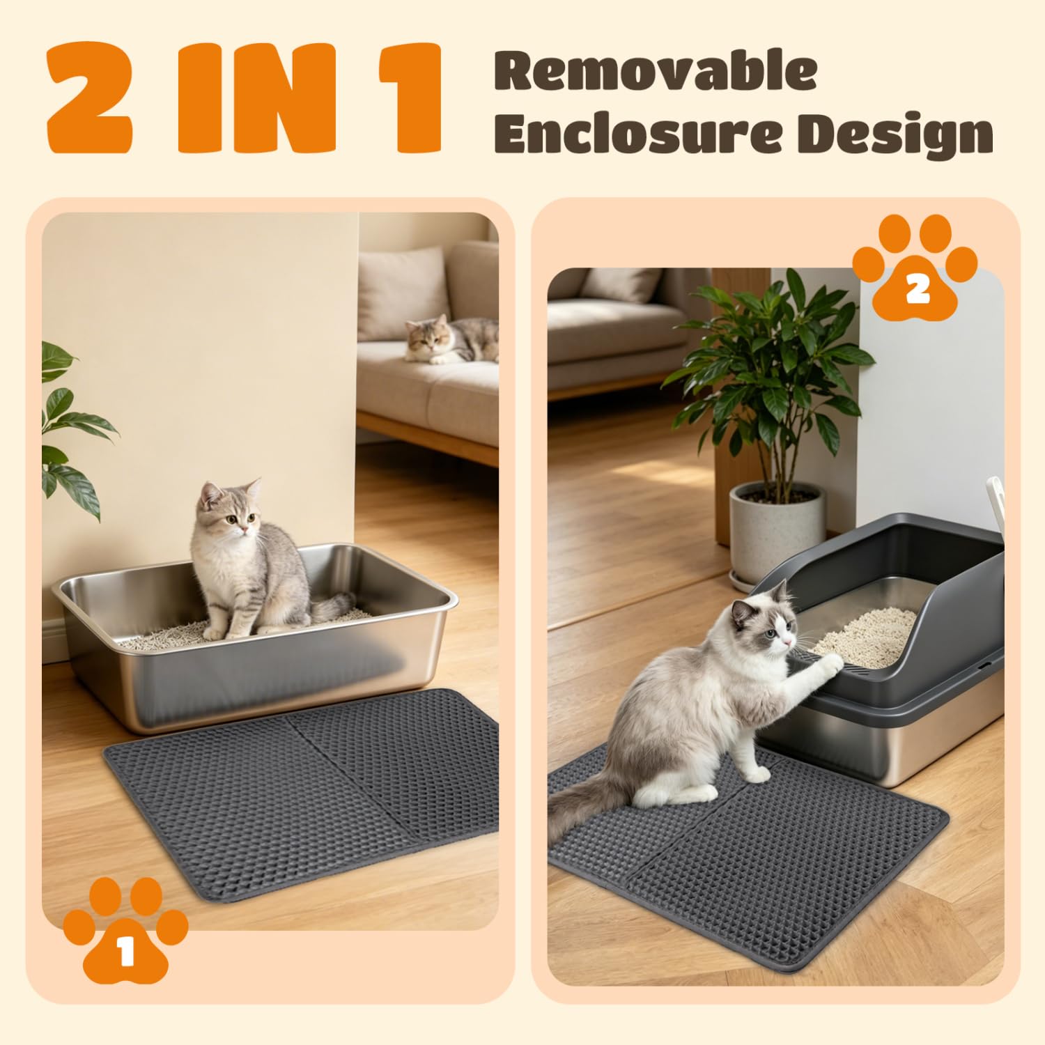 Nobleza Edelstahl Katzentoilette mit Hohem Rand, Anti-Spritz Katzenklo Set inkl. Waben-Katzenstreumatte und Schaufel, Geruchsneutral, 61 x 40,5 x 31 cm, Silber/Grau