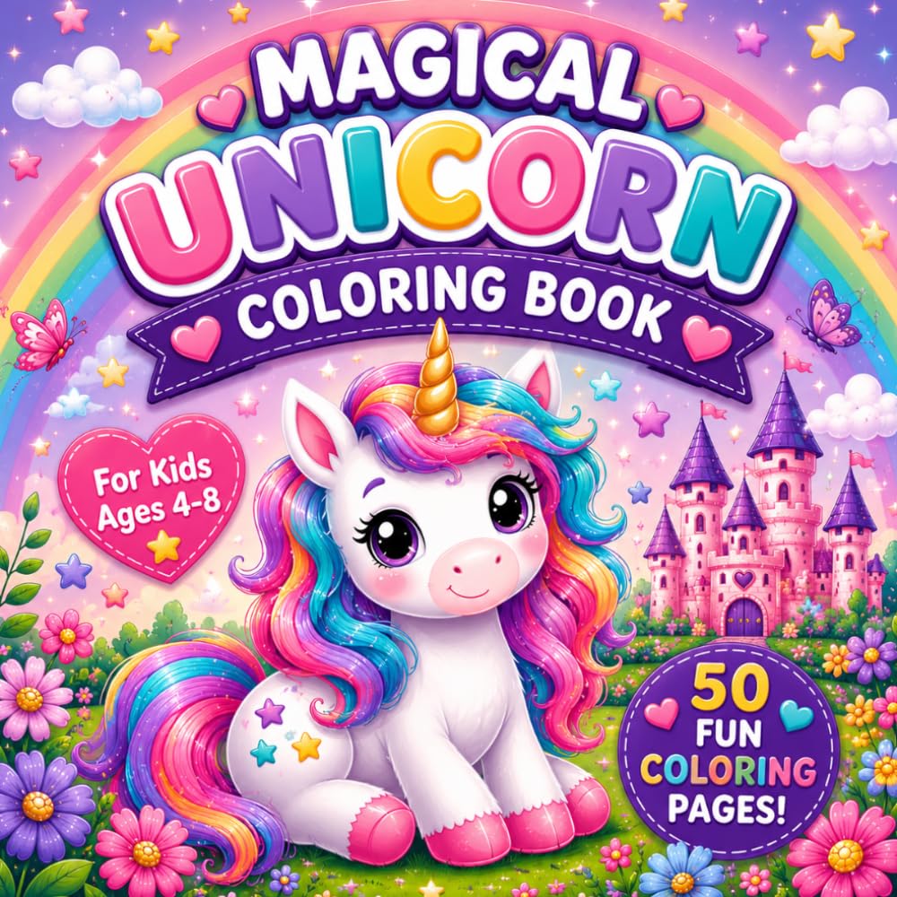 Cute Unicorn Adventures Coloring Book: 50 Fun and Magical Coloring Pages for Kids