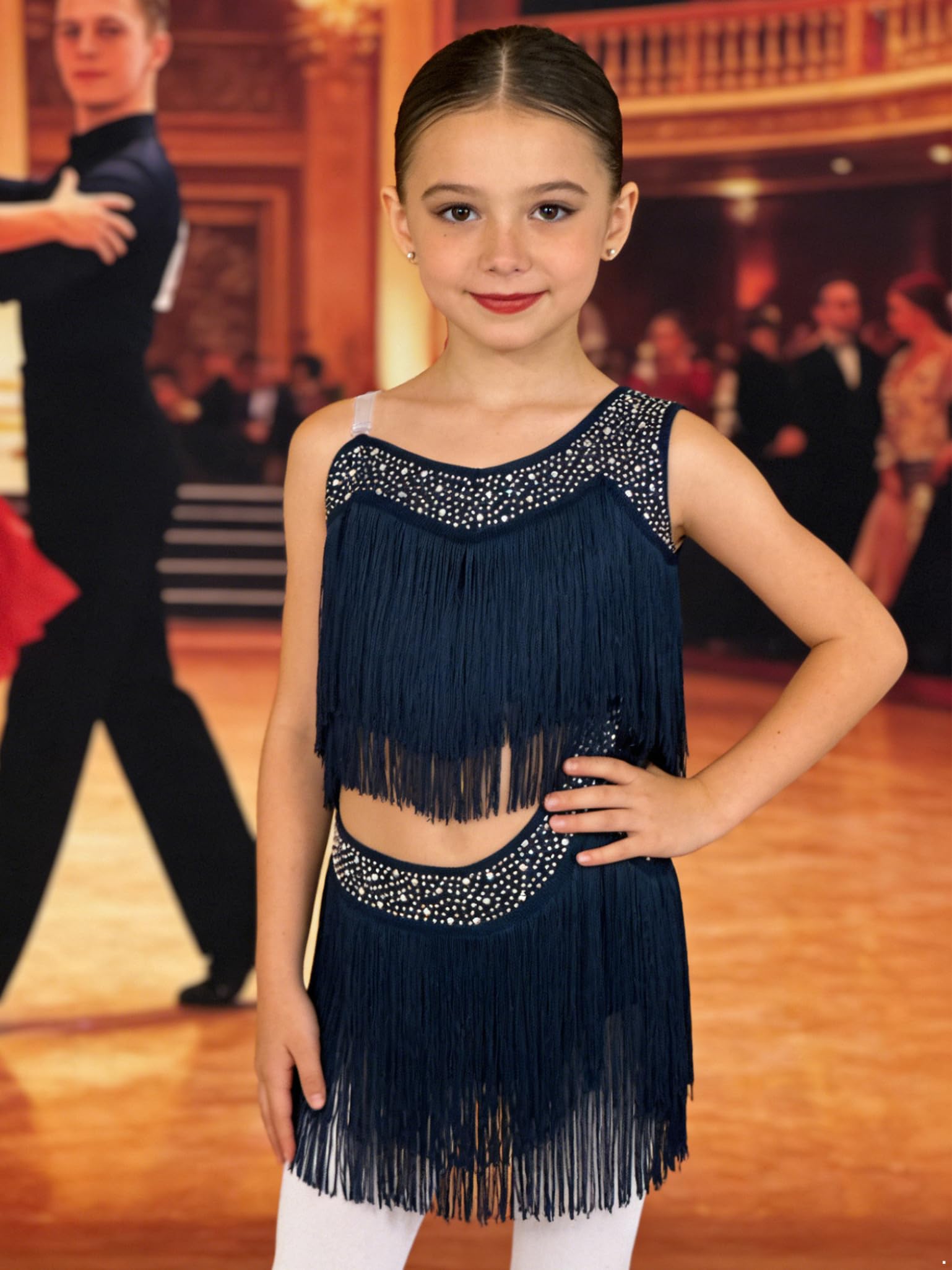Mädchen Glitzernde Quasten Ärmelloses Latein Tanzkleid Rock Mädchen Latein Kleid Fransen Glitzer Fransen Kleid Standard Tanzkleid
