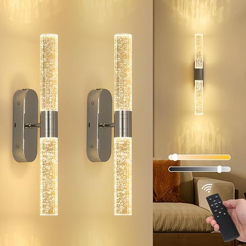 Rechargeable Wall Lights Set of 2, Battery Operated Wall Lights with Remote, Chrome Wireless Wall Light with Bubble Glass Shade, Crystal Battery Powered Wall Sconces for Living Room Bedroom