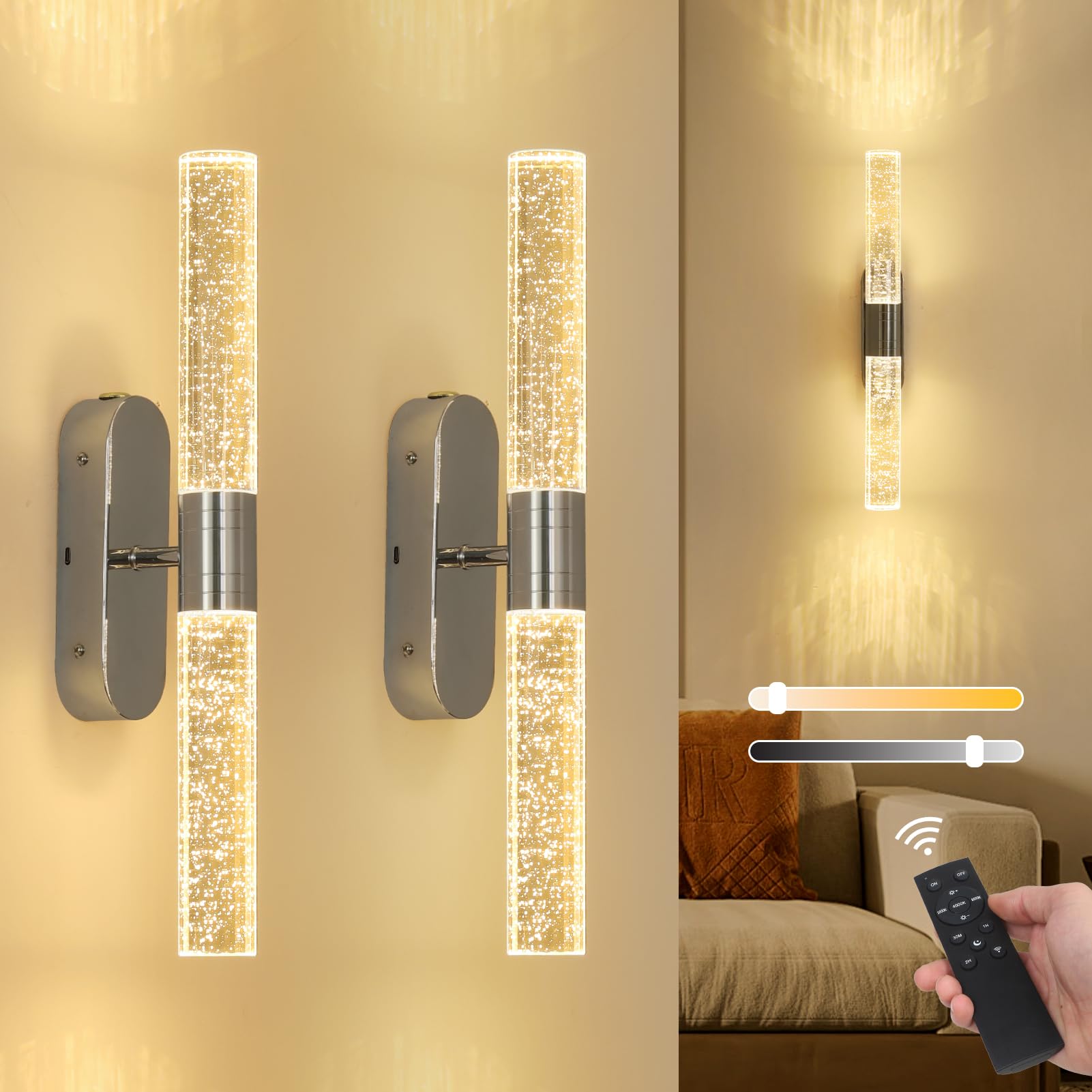 Stepeak Rechargeable Wall Lights Set of 2, Battery Operated Wall Lights with Remote, Chrome Wireless Wall Light with Bubble Glass Shade, Crystal Battery Powered Wall Sconces for Living Room Bedroom