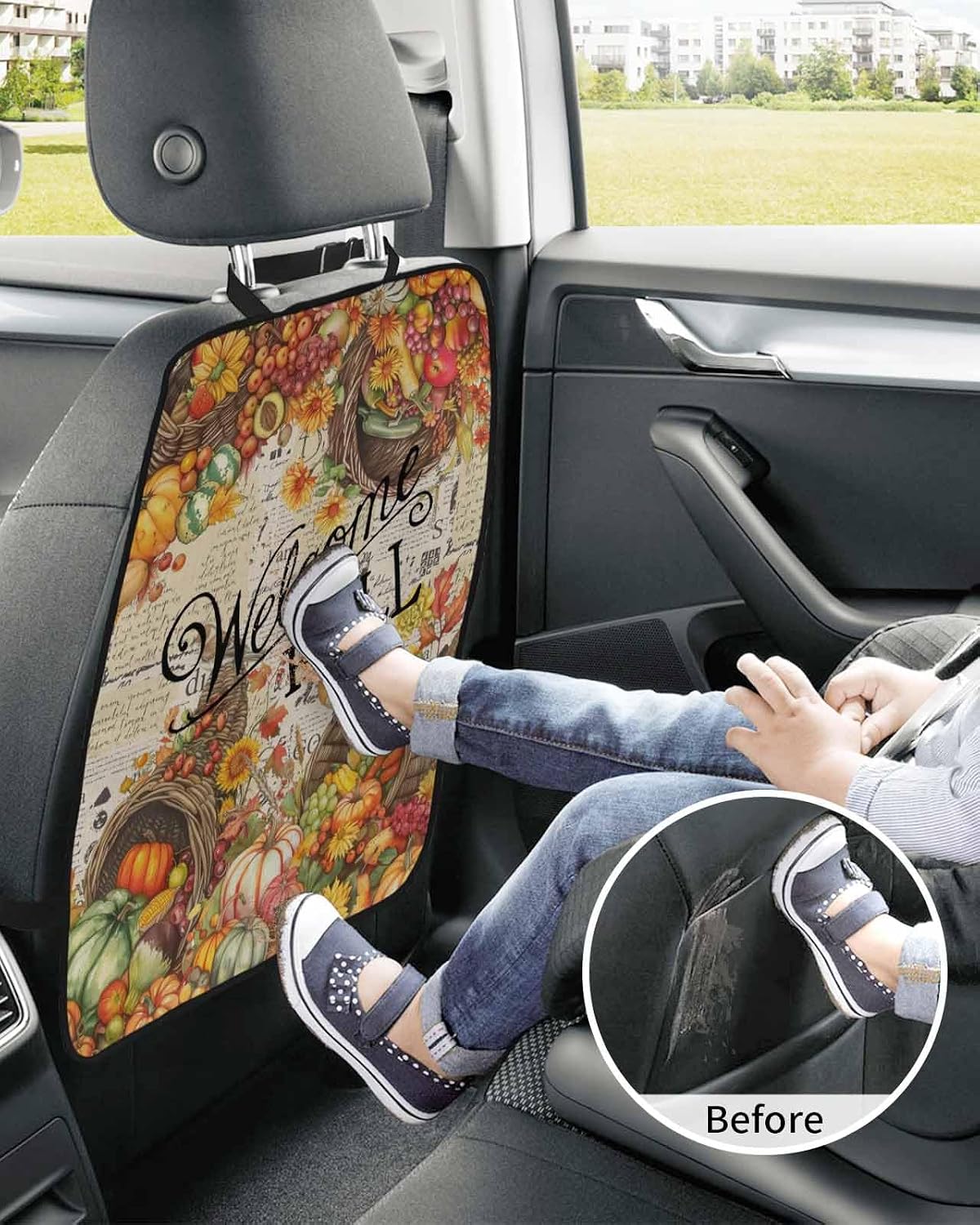 T&H XHome Car Seat Protector, 2 Pack Kick Mats Back Seat Protector Welcome Fall Various Fruits Basket Retro Newspaper Waterproof Backseat Cover for Kids Universal Fit Automotive Interior Protectors