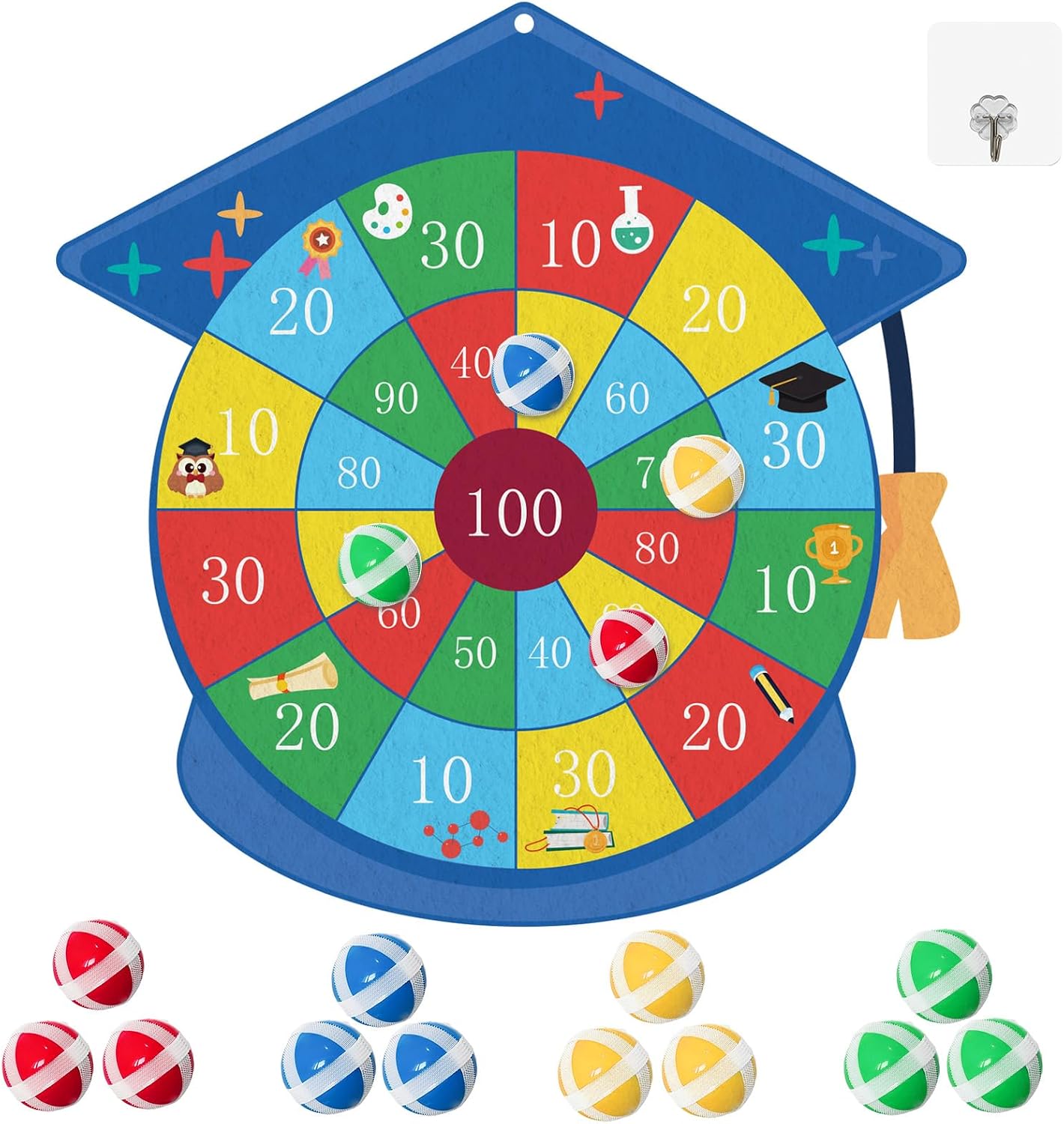 2026 Graduation Cap Dart Game Set 23.6 Inch Dart Includes 12 Sticky Balls & Hanging Hook Preschool Graduation Party Interactive Toss Game Indoor Outdoor Celebration Decoration Supplies