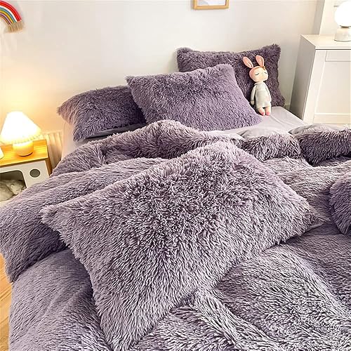 Miniatura 5 de chovy Juego de sábanas de 4 piezas de piel sintética individual color morado con bolsillos profundos, juego de sábanas de franela de terciopelo de