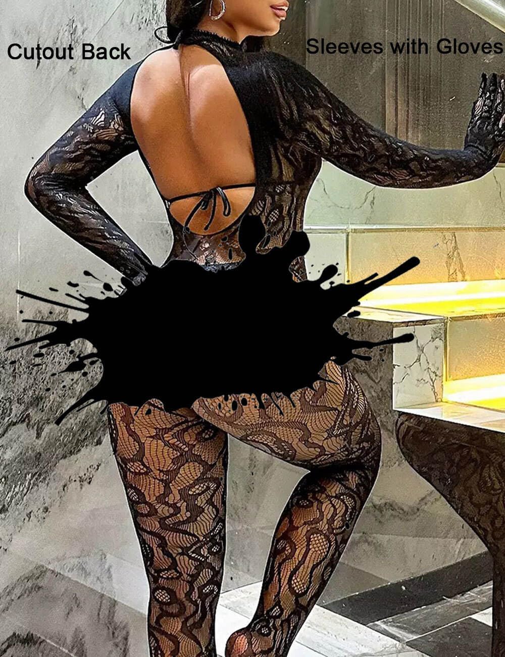 Women Sexy Fishnet Full Bodysuit, Mesh Lace Poster Jumpsuit Glow Party Rave Outfits, Body Stockings Halloween Costume - Image 3