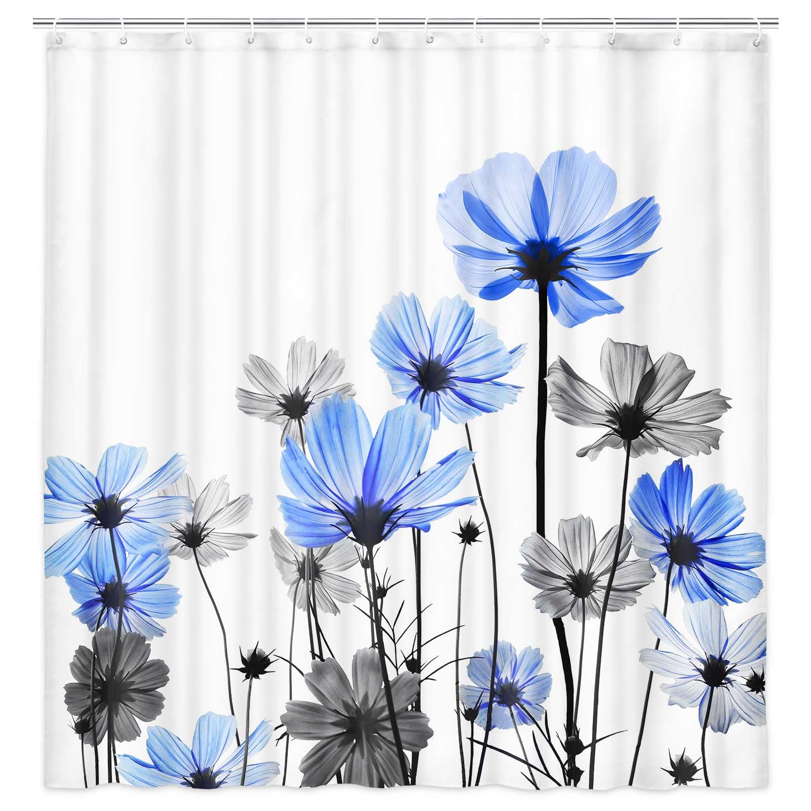 Mtsxfy Blue Shower Curtain, Rustic Elegant Floral Blue and Gray Daisy Flower Bathroom Curtains, Cute Wildflower Design Farmhouse Plant Grey Shower Curtain Liner with Hooks,72x72Inch