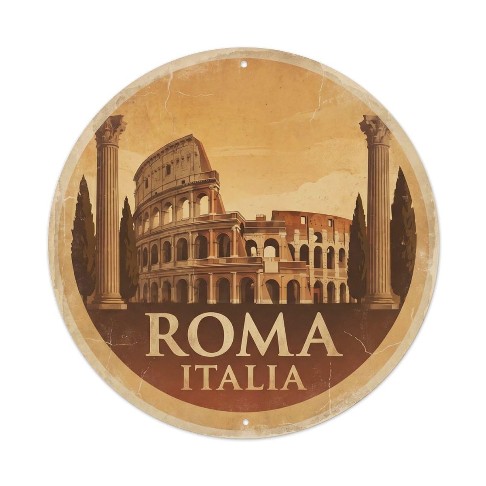 Vintage Travel Roman Colosseum Italy Metal Tin Sign Plaque Wall Decor for Cafe, Club Bar, Office, Home Garden Round Metal Poster 8x8Inch