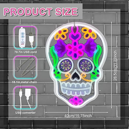 Miniatura 3 de Letrero de neón del Día de los Muertos, decoración de Halloween, letrero LED de calavera para decoración de pared, letrero de neón de fiesta para