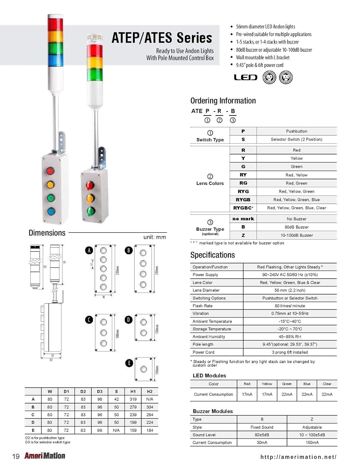 ATES-R-B, Andon Light, Selector Switch Control Box, 9.45" Pole w/L Bracket, Red Flashing & Buzzer, 80dB Buzzer, 110VAC, 6ft Power Cord