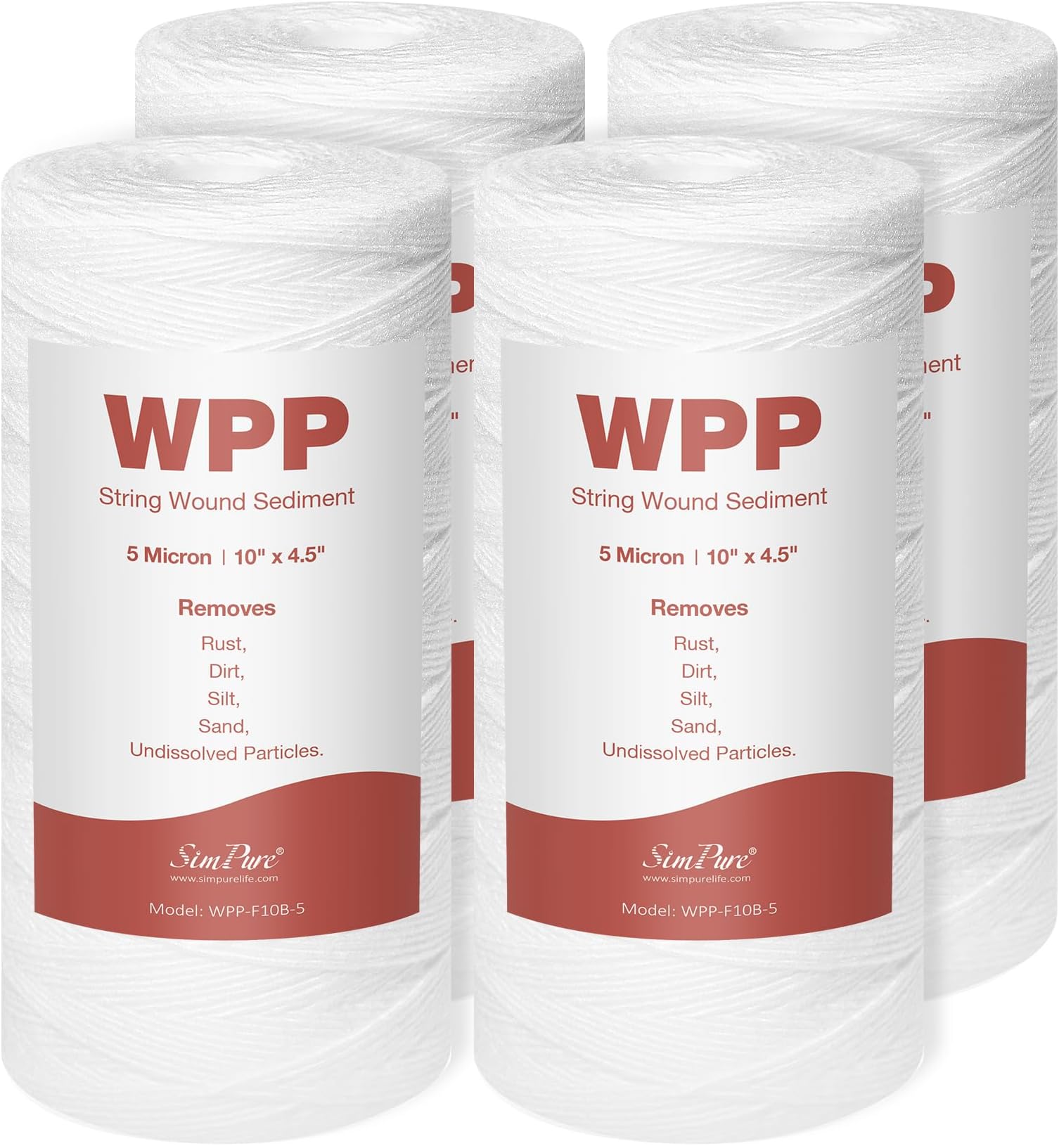 SimPure 5 Micron 10" x 4.5" String Wound Water Filter Cartridge for Well Water, Whole House Sediment Filter Replacement for Housing DB10P DB10C (4 Pack)