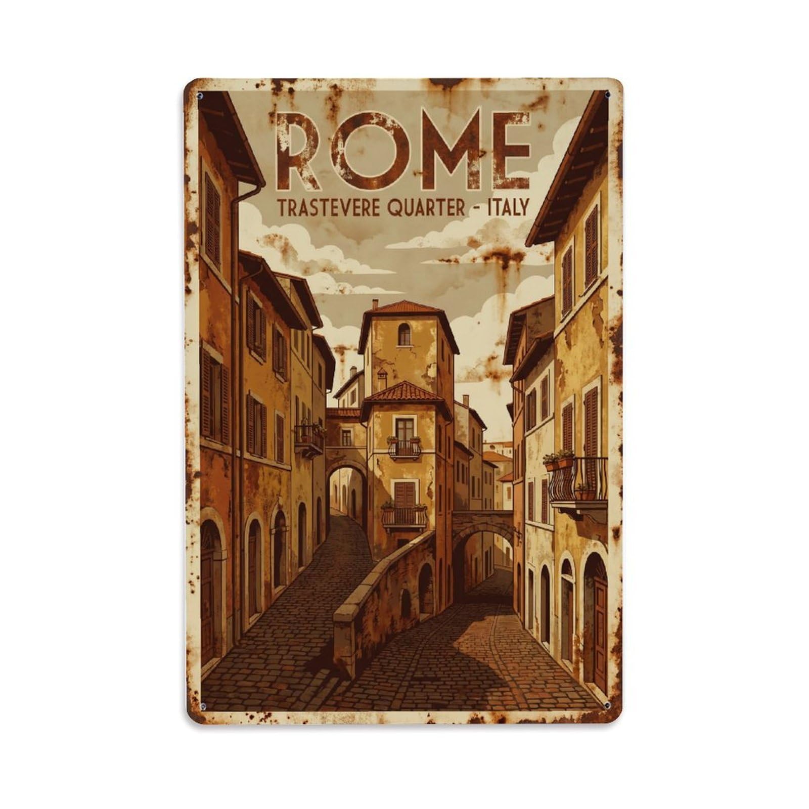 Vintage Travel Rome Trastevere Medieval Quarter Streets Rusted Italy Metal Tin Sign Plaque Wall Decor for Cafe, Club Bar, Office, Home Garden Metal Poster 8x12Inch