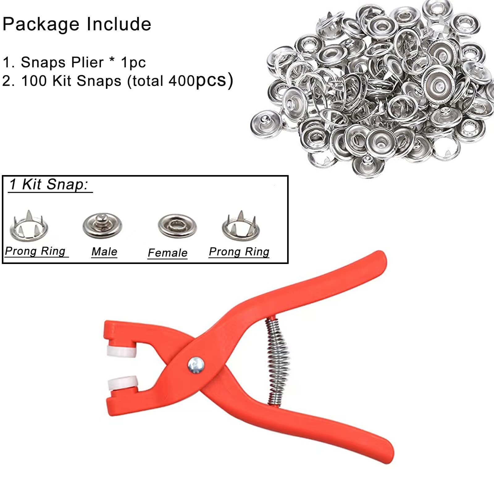 100 Sets (400pcs) Snaps Button Plier Kit 9.5mm Silver Metal Prong Button with Fastener Pliers Press Tool for Sewing and Crafting DIY.
