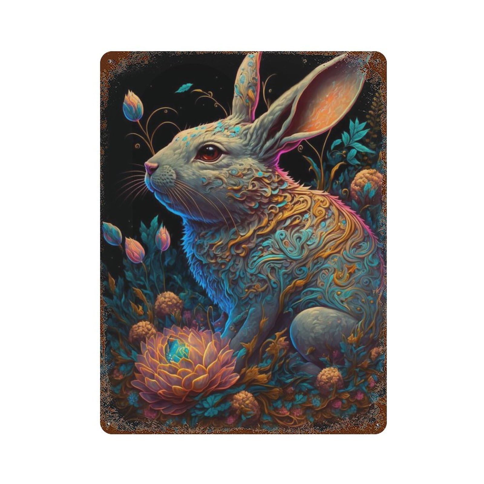 Fantasy Rabbit Garden Artwork Distressed Metal Wall Sign 15.7"x11.8", Rustic Home Decor for Living Room, Hallway And Home Decor