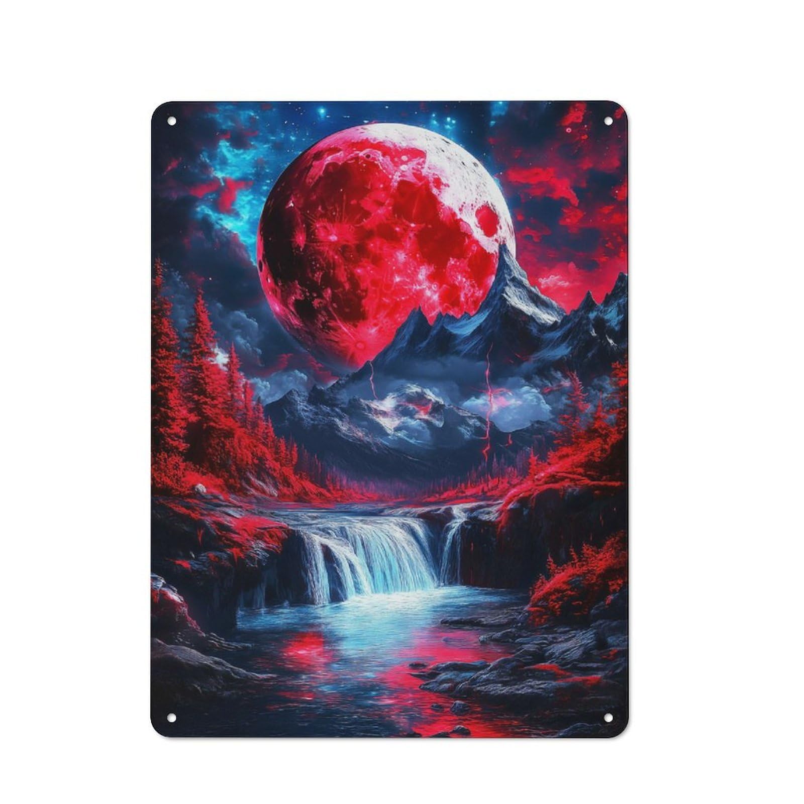 Junmoney Red Moon Waterfall Classic Metal Wall Decor 40X30cm, Decorative Metal Sign For Workspace, Cafe, Shop Or Desk Area