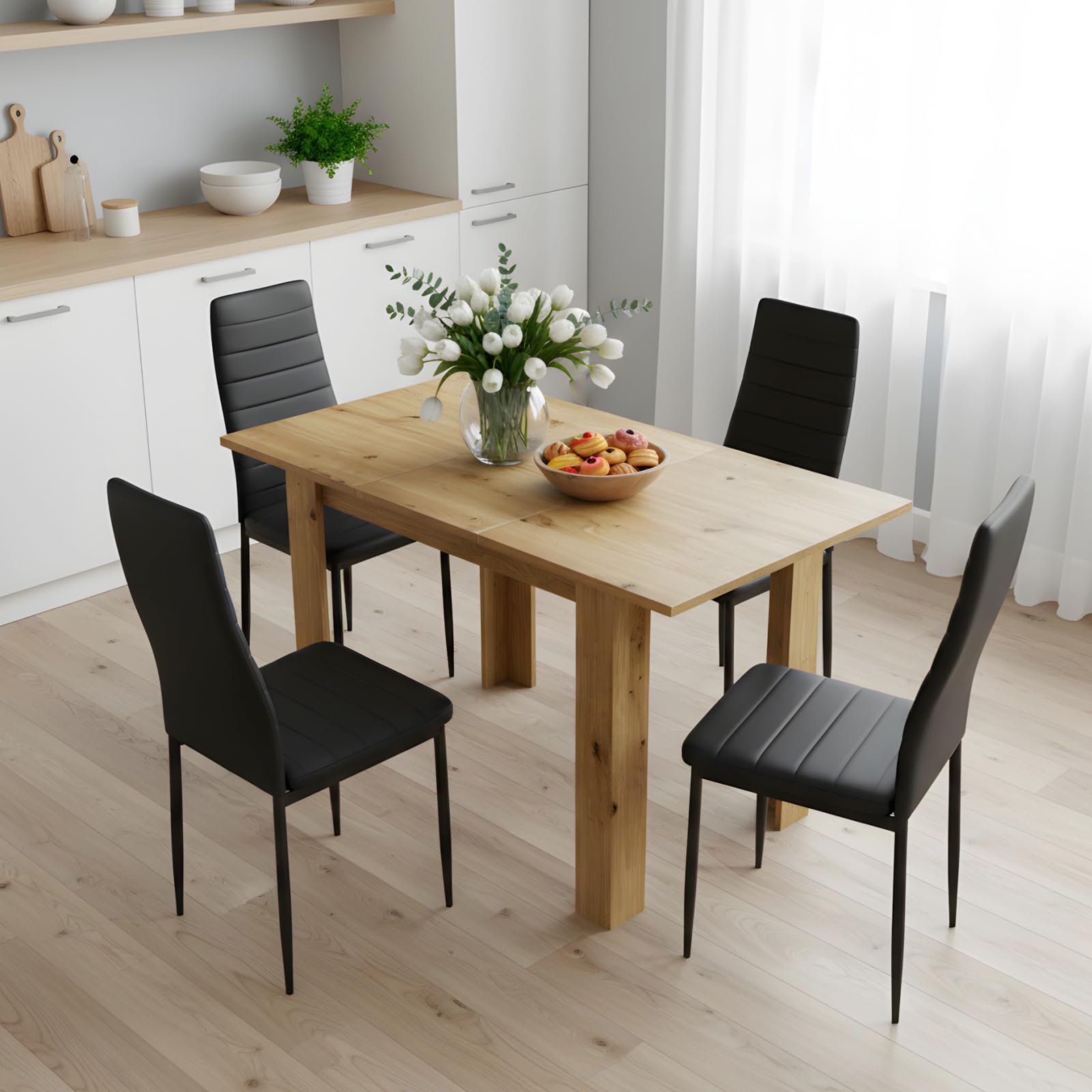 Ensemble Table à Manger Extensible 90-125 cm avec 4 Chaises, Ensemble Table et Chaises en Similicuir, Gain de Place, pour Petit Espace Cuisine Salle à Manger et Salon (Chêne + Noir)