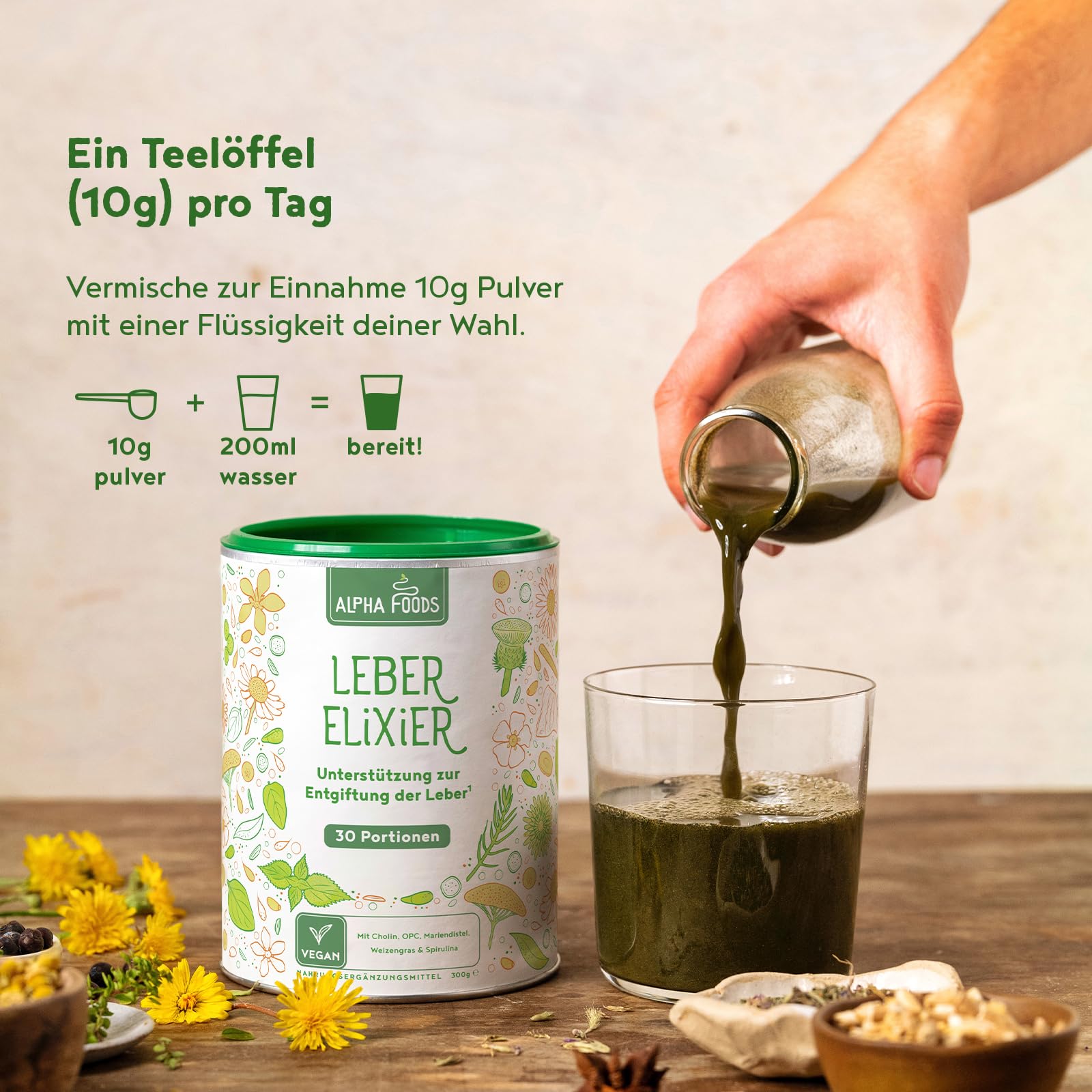 Leber Komplex Elixier 2.0 | 300g Vegan Pulver | Leberkur mit Weizengras, Spirulina, Cholin, Gerstengras, Brennnessel, Mariendistel, Löwenzahn, Chlorella | Alpha Foods