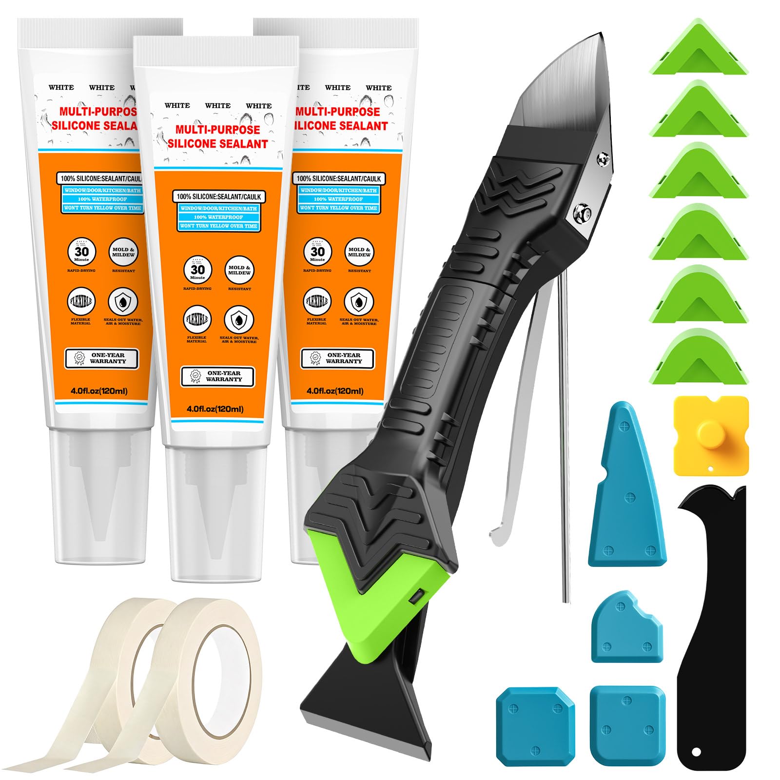 White Silicone Sealant Set – 12oz Waterproof Sealant, 5-in-1 Caulk Tool with Silicone Sealant Remover & Finishing Tool – Silicone Caulking Tool Kit for Bathroom, Shower, Kitchen Caulk