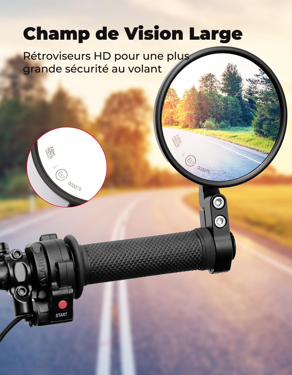 KEMIMOTO CNC Rétroviseurs Moto Homologués E57, Rotatifs à 360°, Rétroviseurs de Guidon Ronds, Compatibles avec la Plupart des Motos, VTT et Scooters (2 pièces)