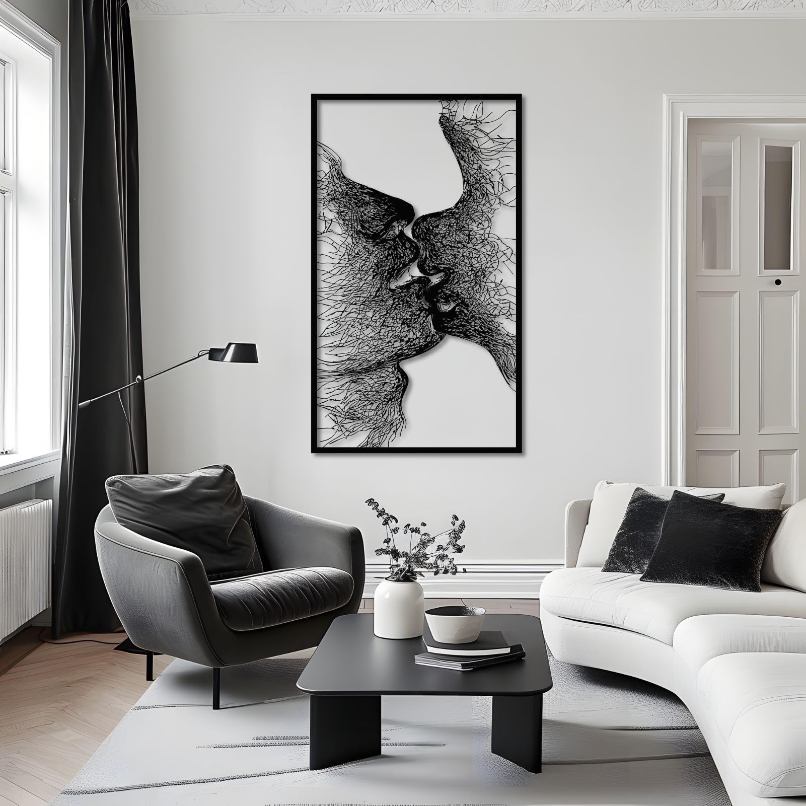 Decorazione da parete in metallo, motivo: coppia che si baciano, romantica decorazione astratta per soggiorno, camera da letto, bagno