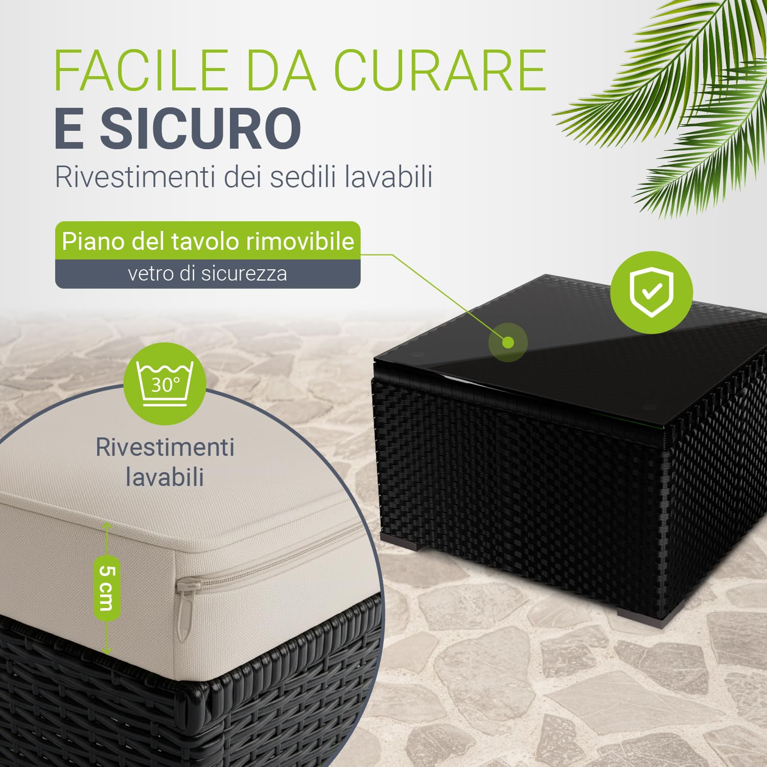 Juskys Lounge in polyrattan Punta Cana L resistente alle intemperie con divano, poltrona, sgabello, tavolo e cuscini - 4-5 persone - set di mobili da giardino lounge nero/crema