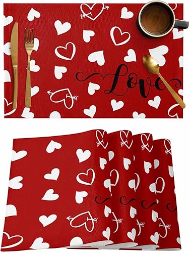 Miniatura 1 de Juego de 6 manteles individuales rojos para el día de San Valentín, diseño de corazón de San Valentín, resistentes al calor, lavables, manteles de